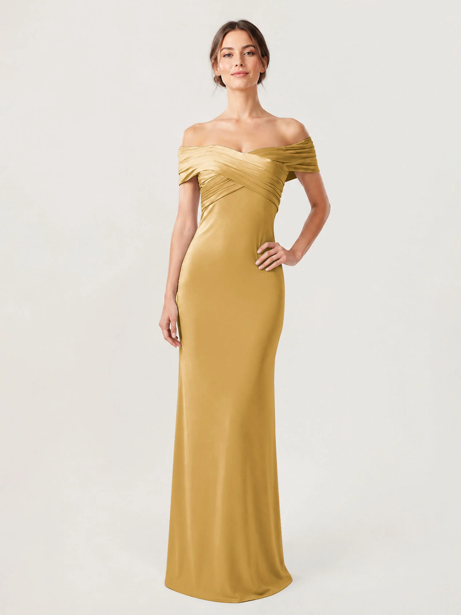 Crepe Off-the-Shoulder Column Gown with Ruched Bodice Gold