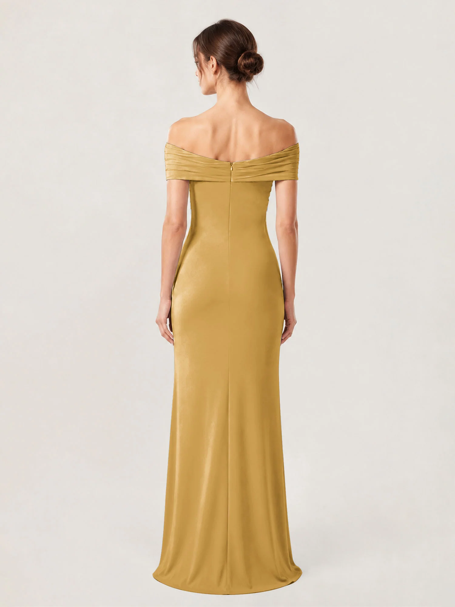 Crepe Off-the-Shoulder Column Gown with Ruched Bodice Gold - Image 2