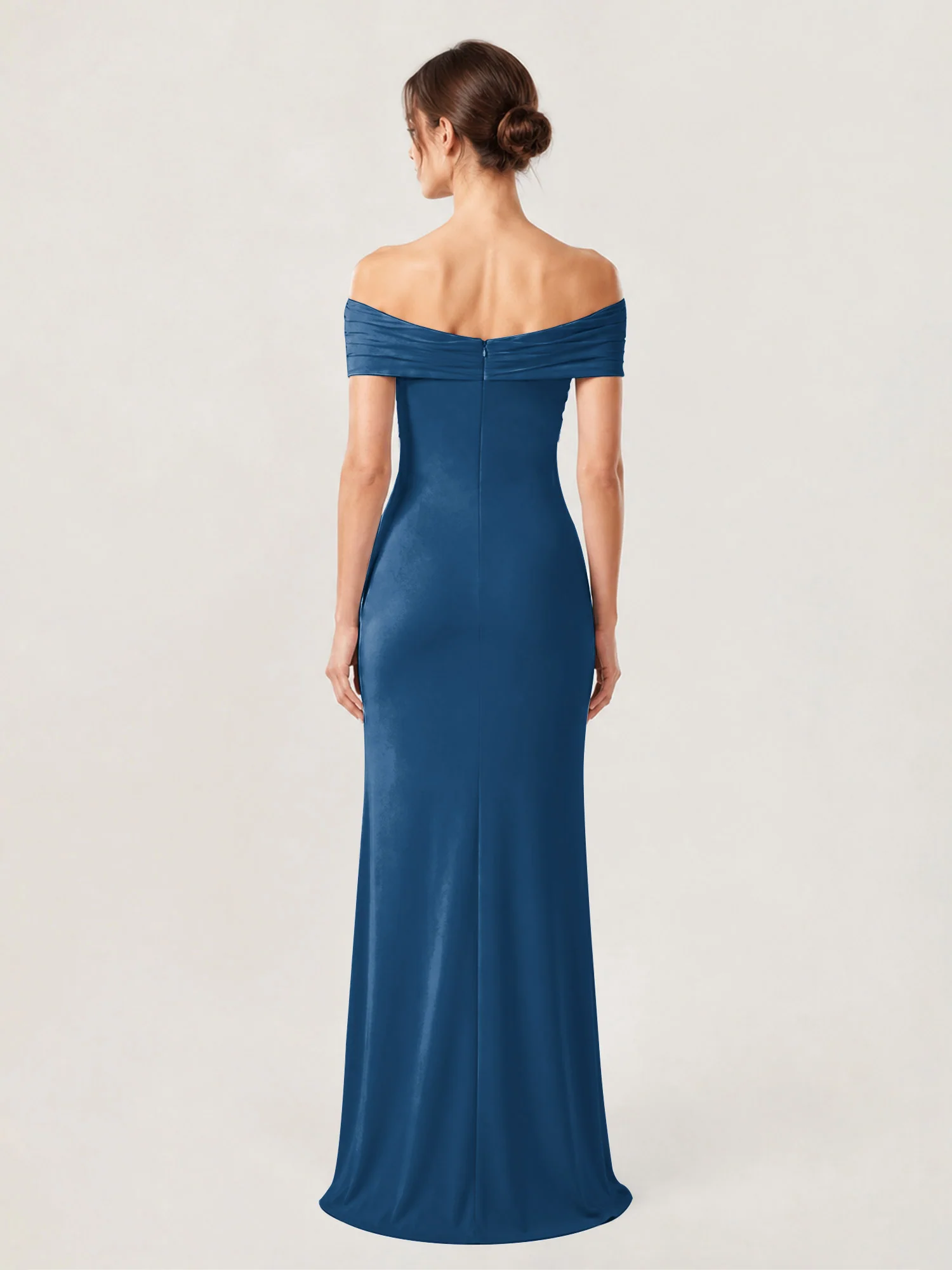 Crepe Off-the-Shoulder Column Gown with Ruched Bodice Ink Blue - Image 2