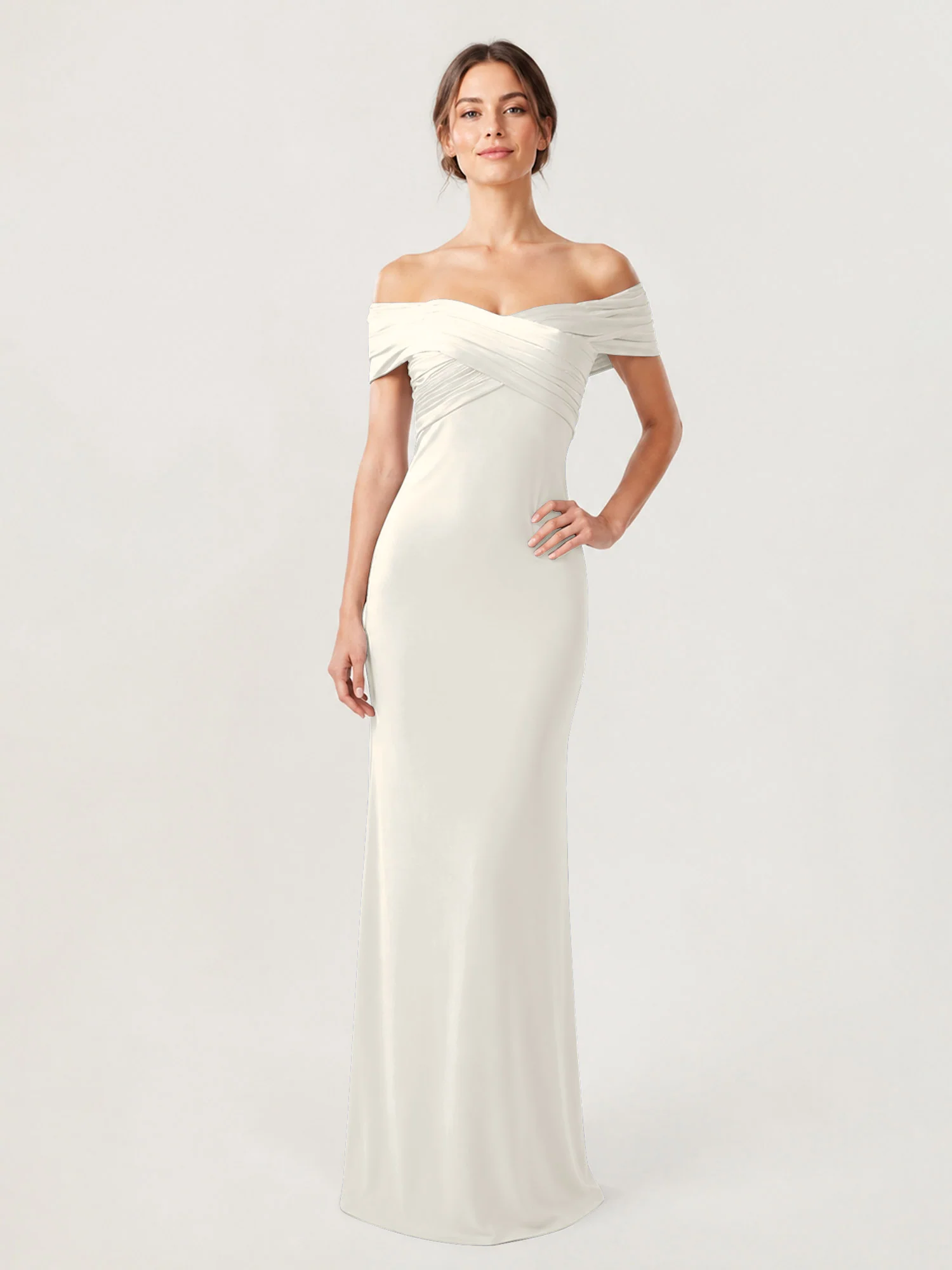 Crepe Off-the-Shoulder Column Gown with Ruched Bodice Ivory