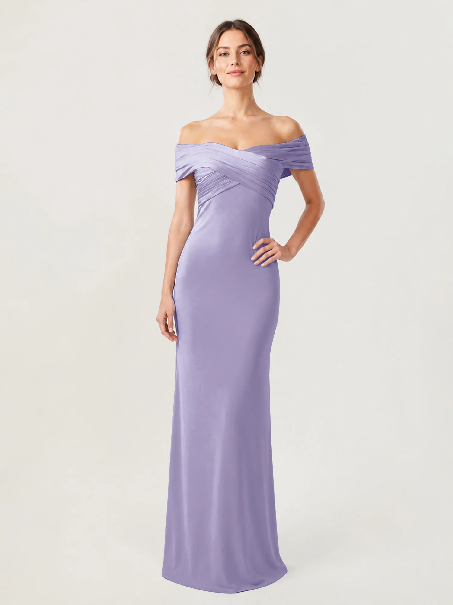 Crepe Off-the-Shoulder Column Gown with Ruched Bodice Lavender