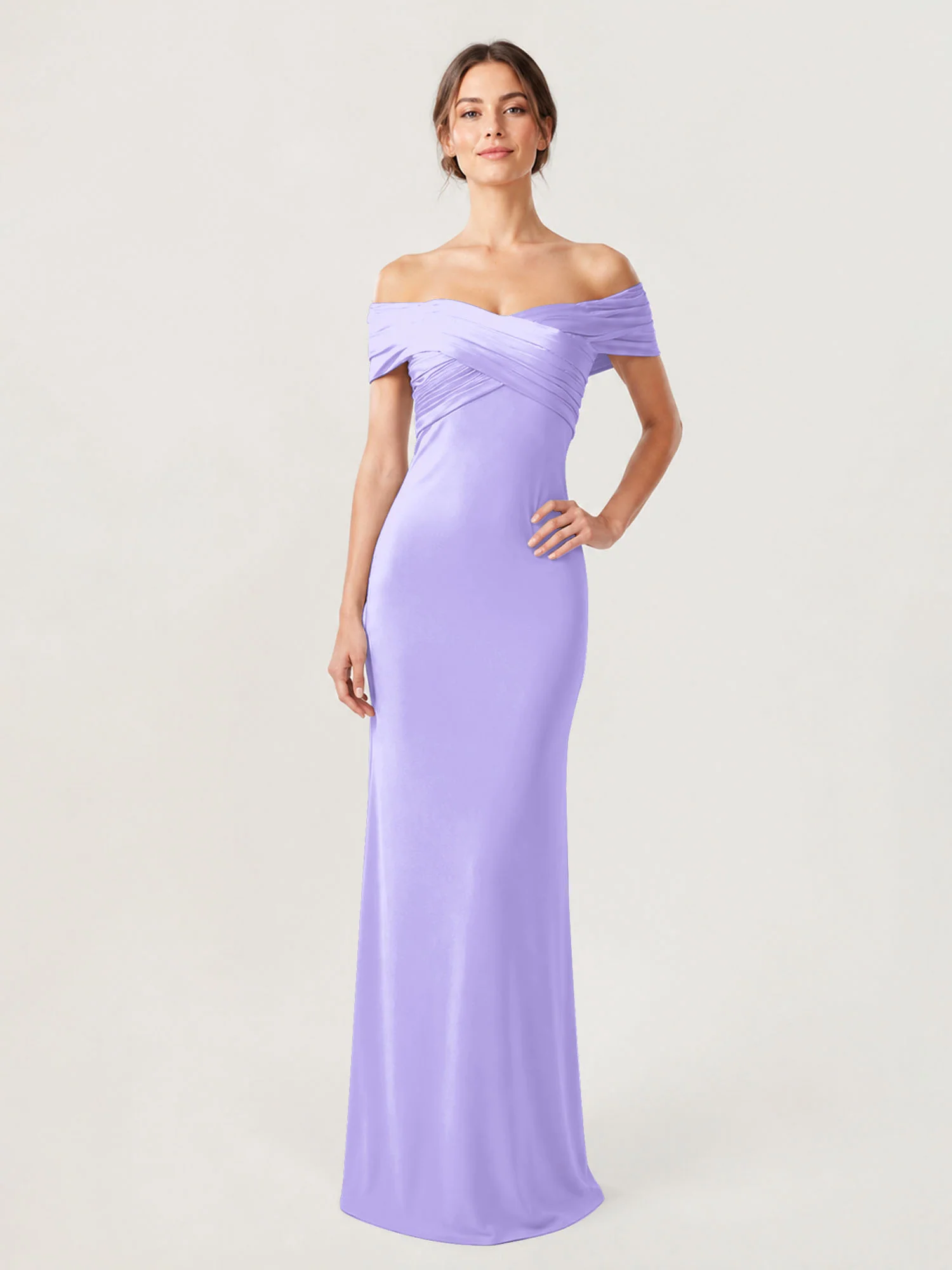 Crepe Off-the-Shoulder Column Gown with Ruched Bodice Lilac