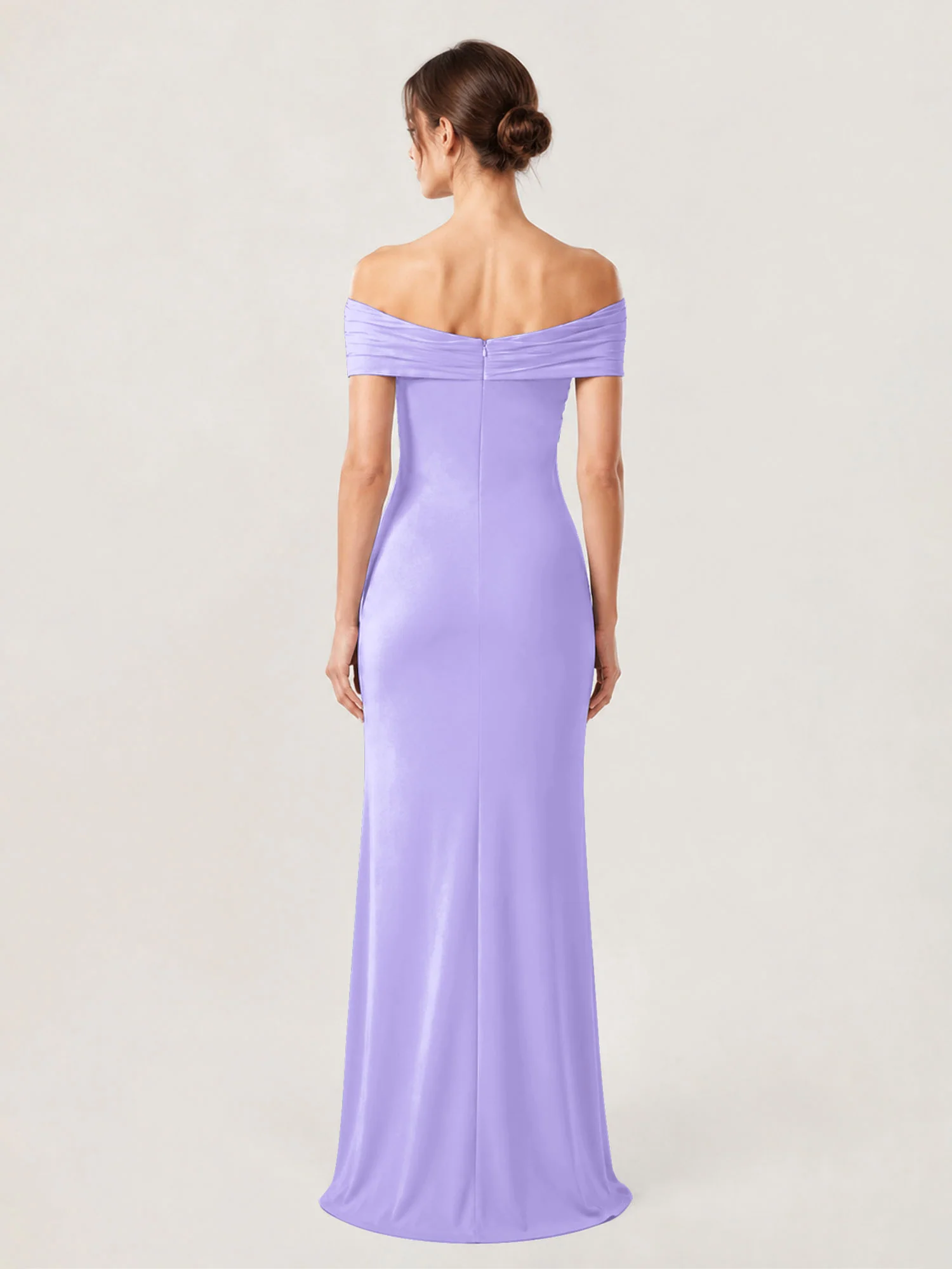 Crepe Off-the-Shoulder Column Gown with Ruched Bodice Lilac - Image 2