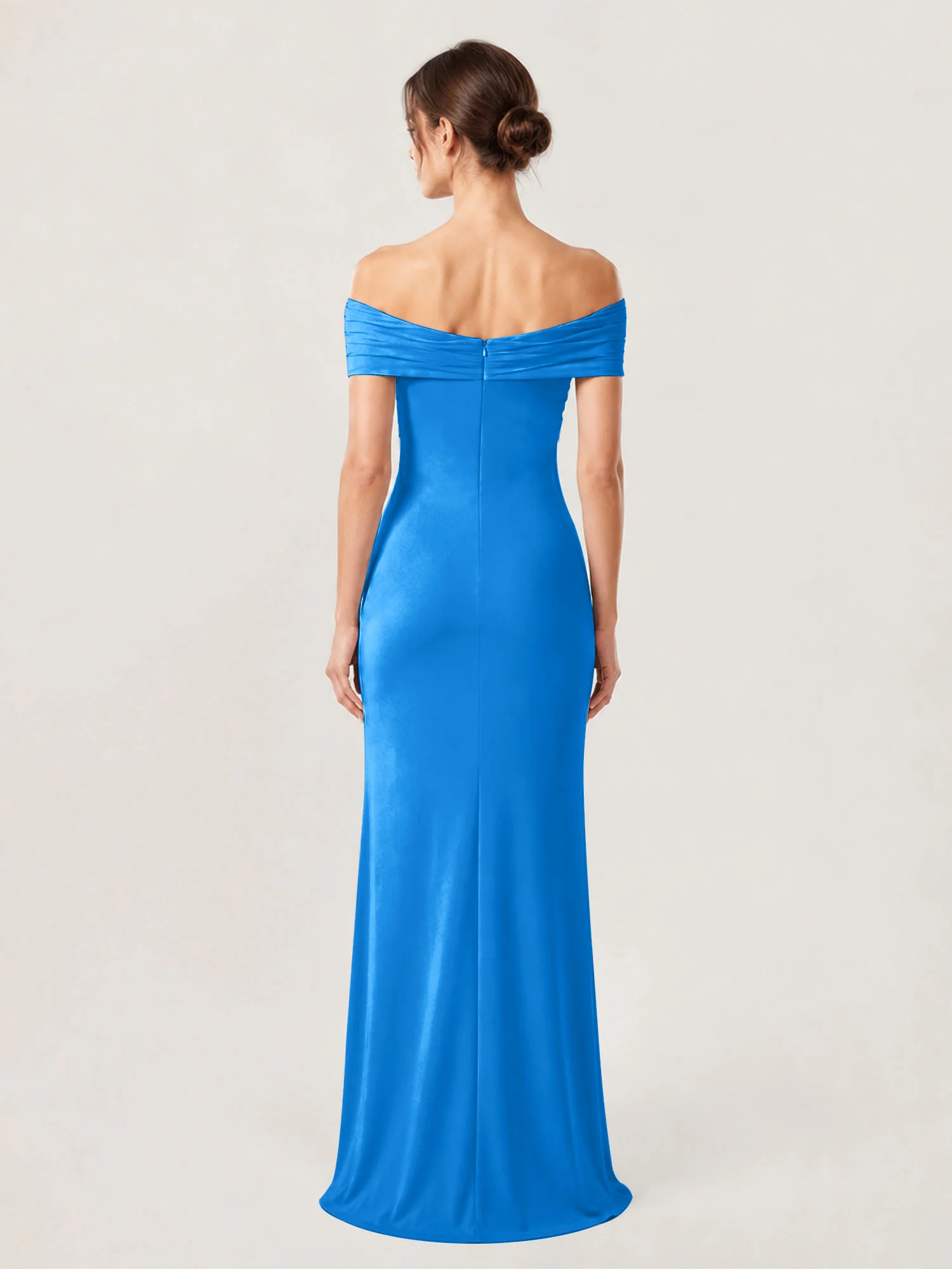 Crepe Off-the-Shoulder Column Gown with Ruched Bodice Ocean Blue - Image 2