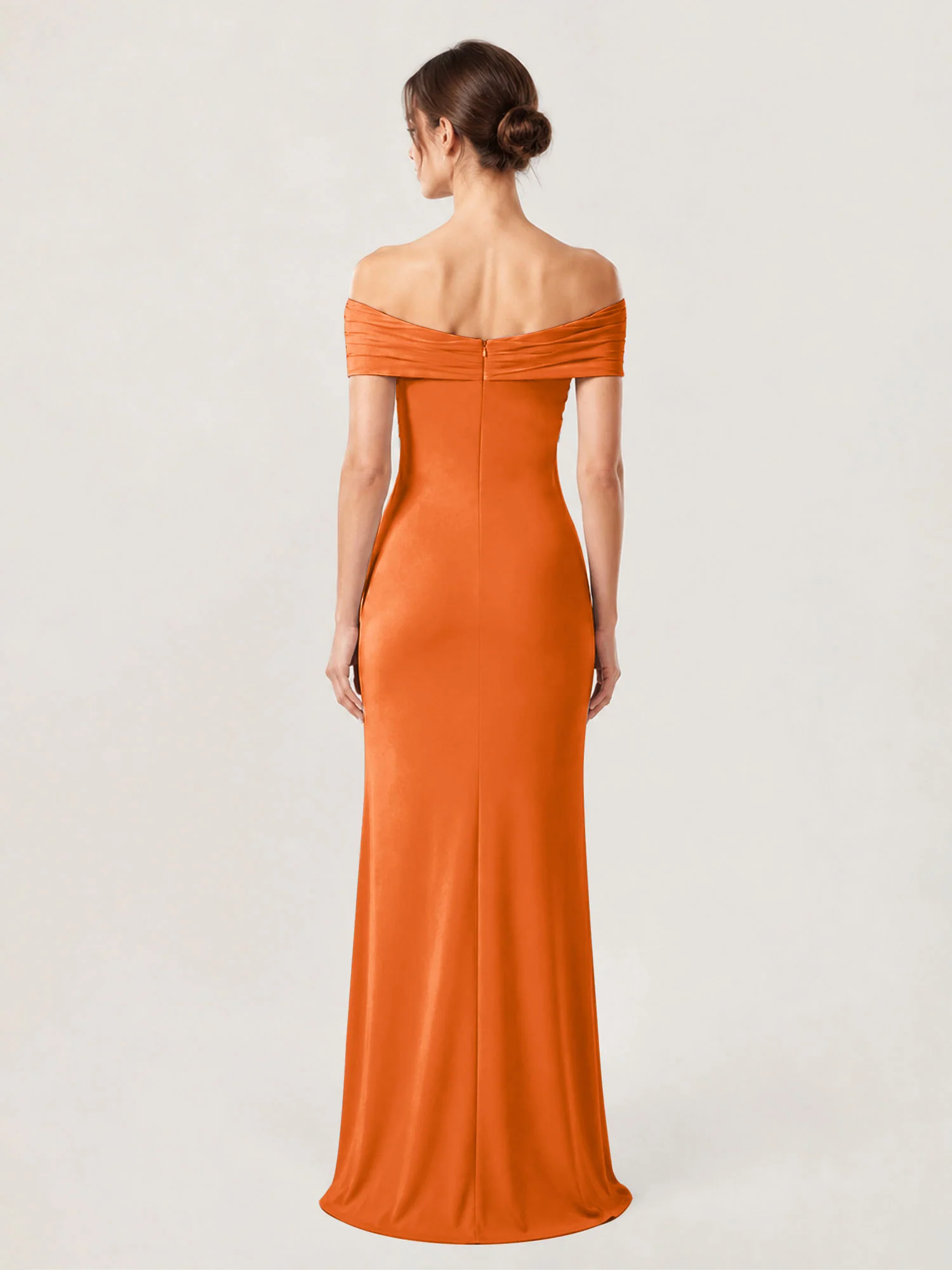 Crepe Off-the-Shoulder Column Gown with Ruched Bodice Orange - Image 2
