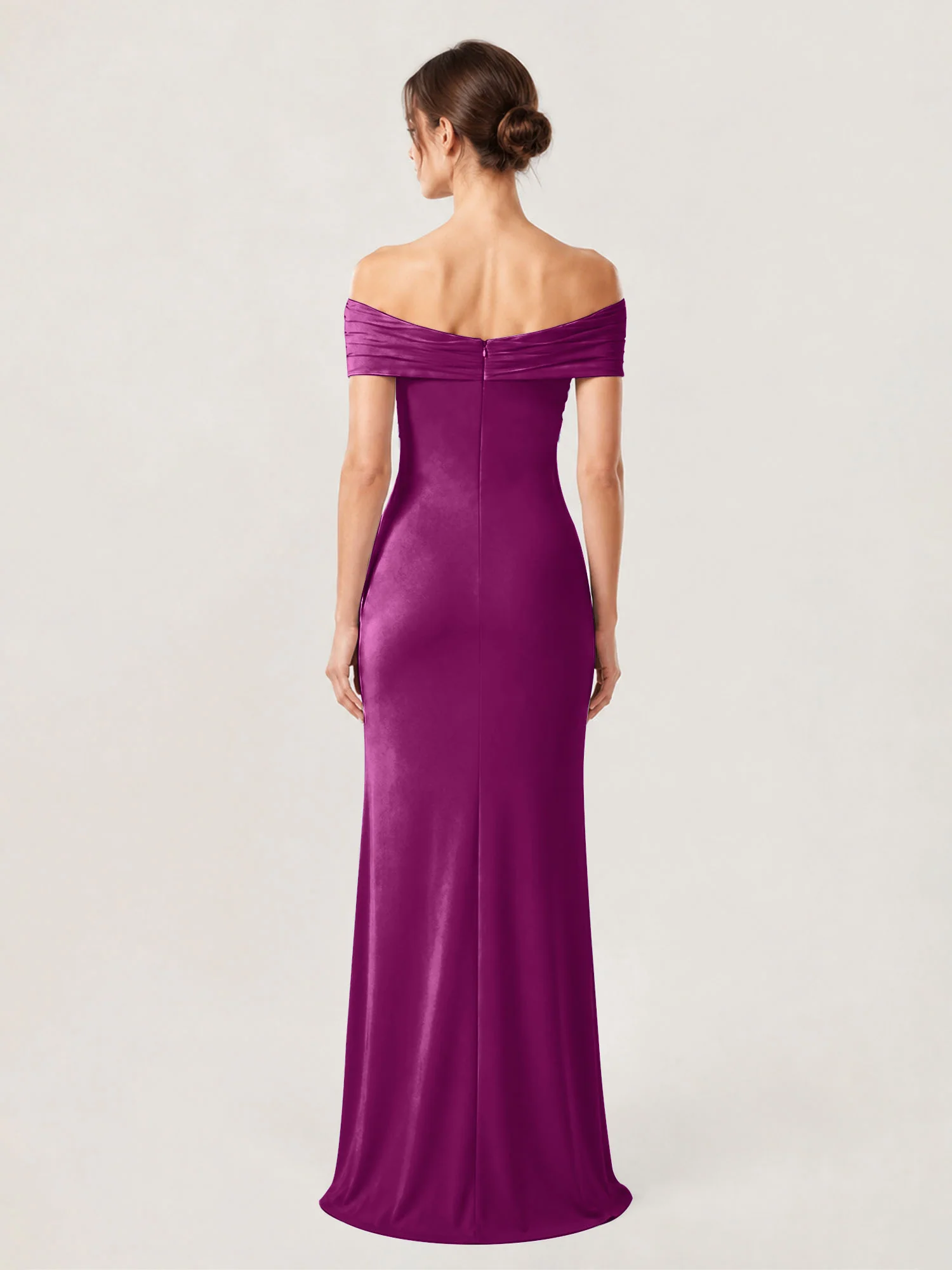 Crepe Off-the-Shoulder Column Gown with Ruched Bodice Orchid - Image 2