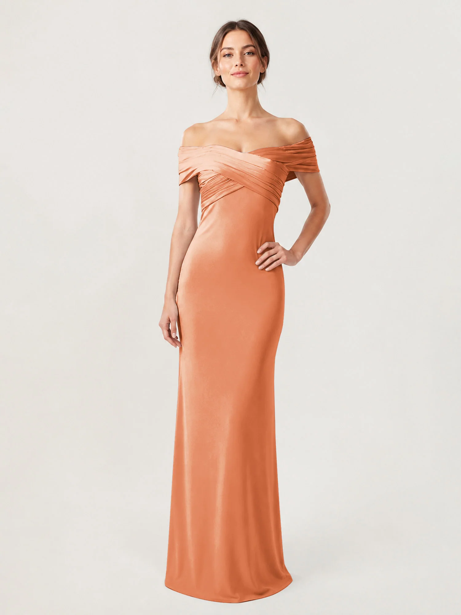 Crepe Off-the-Shoulder Column Gown with Ruched Bodice Papaya