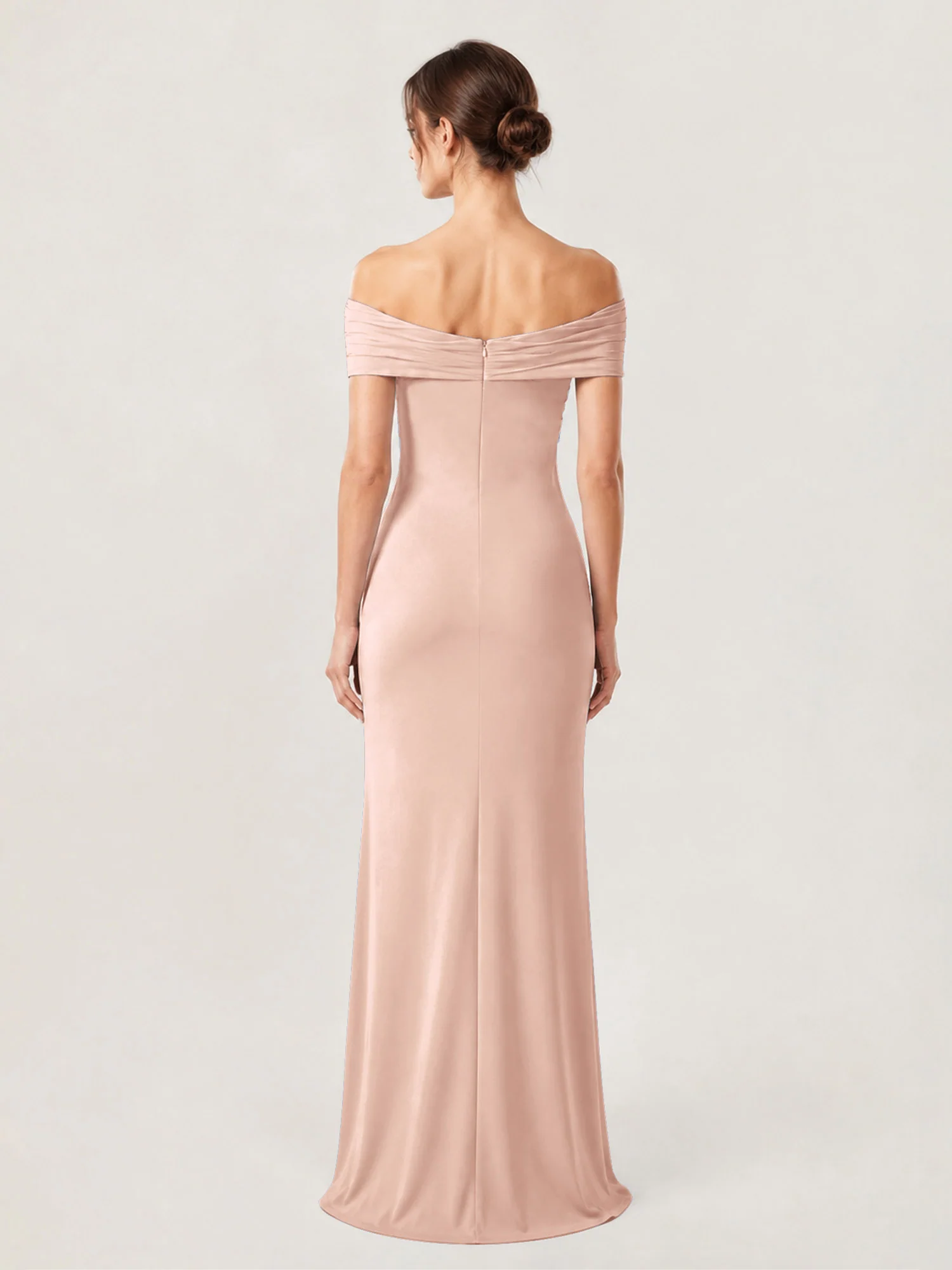 Crepe Off-the-Shoulder Column Gown with Ruched Bodice Pearl Pink - Image 2