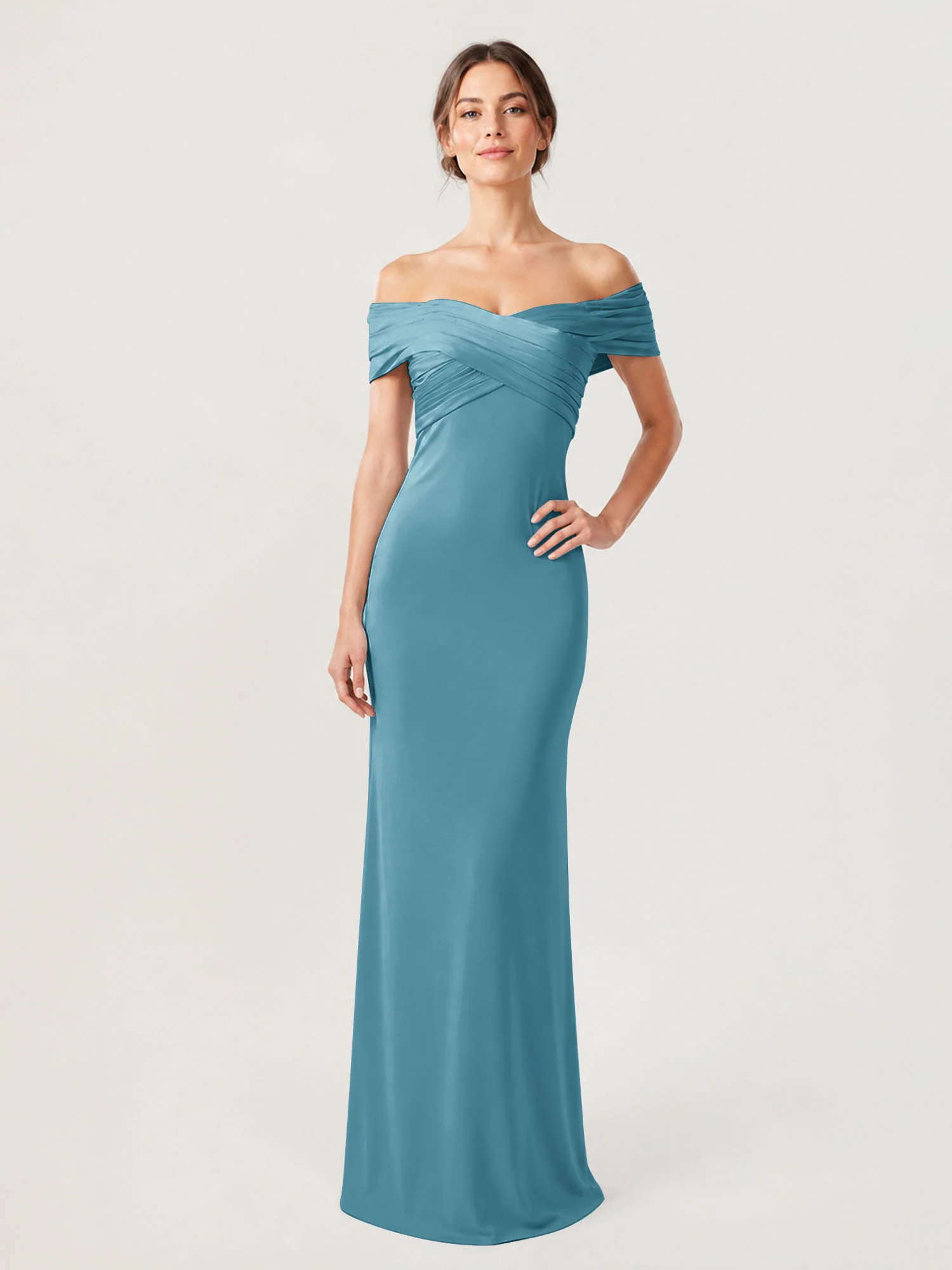 Crepe Off-the-Shoulder Column Gown with Ruched Bodice Pool