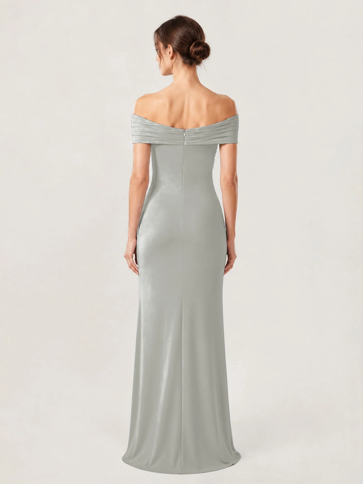 Crepe Off-the-Shoulder Column Gown with Ruched Bodice Silver - Image 2