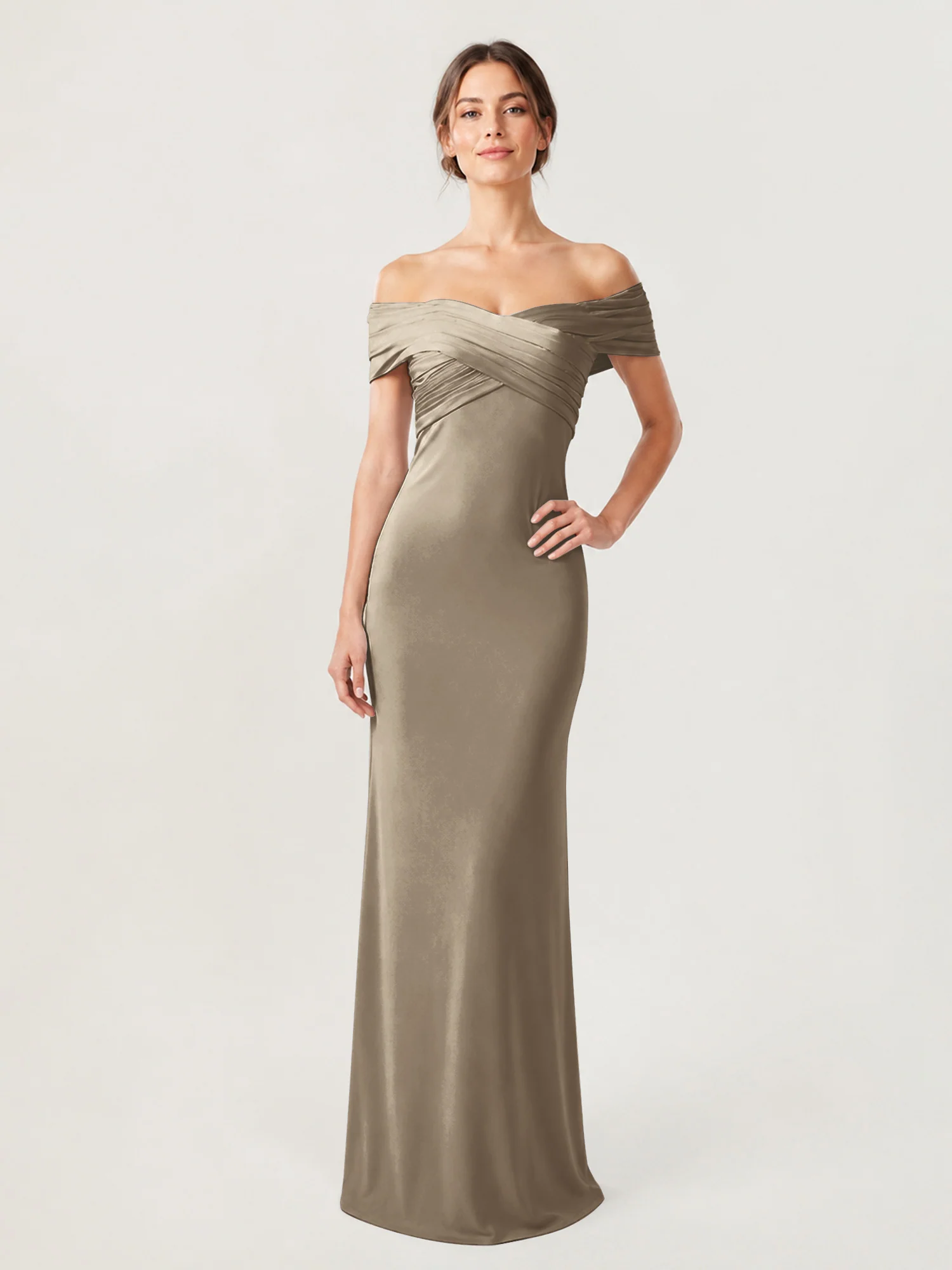 Crepe Off-the-Shoulder Column Gown with Ruched Bodice Taupe