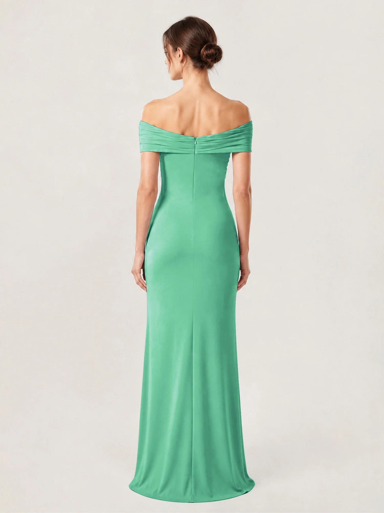 Crepe Off-the-Shoulder Column Gown with Ruched Bodice Turquoise - Image 2