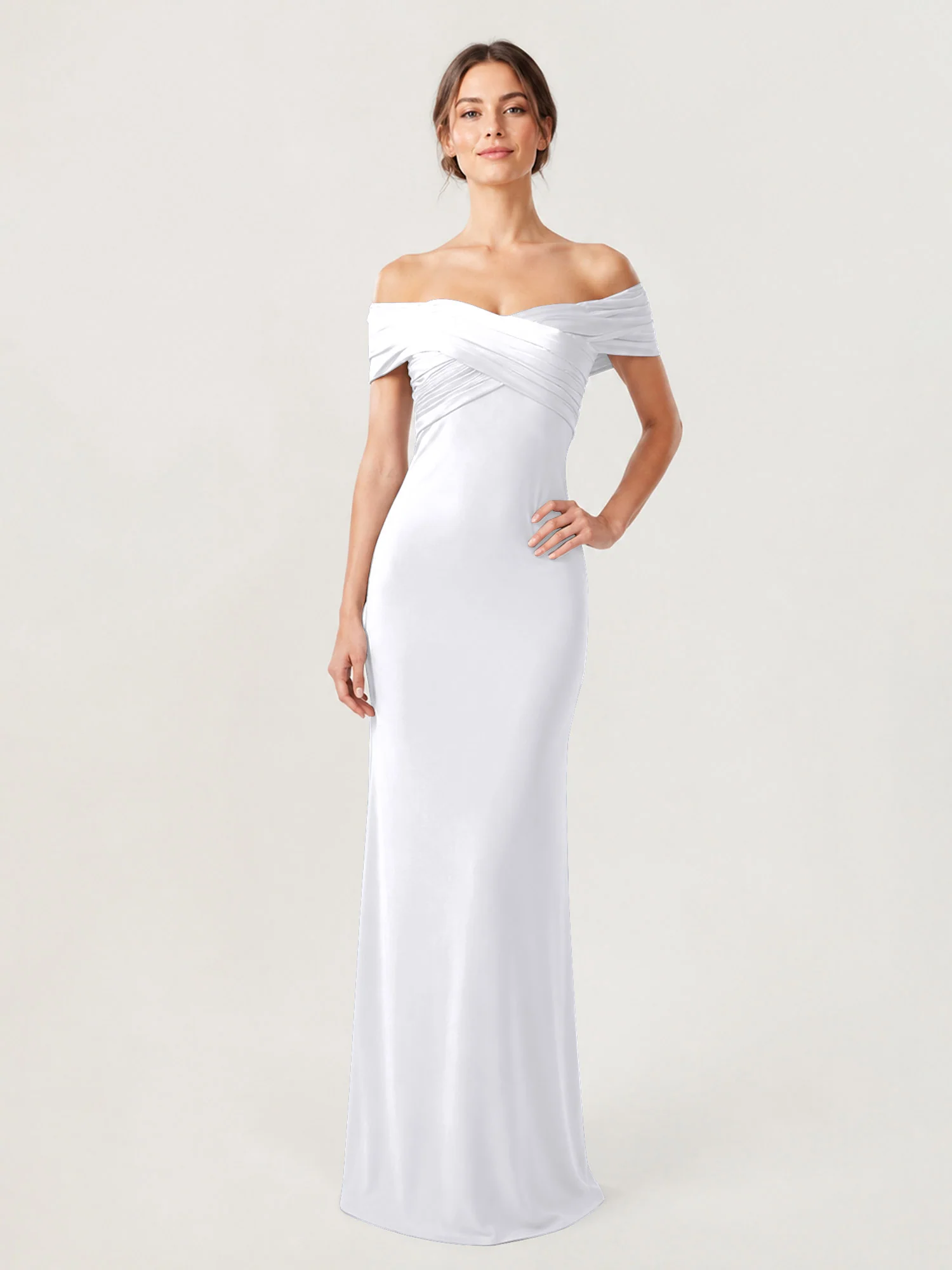 Crepe Off-the-Shoulder Column Gown with Ruched Bodice White