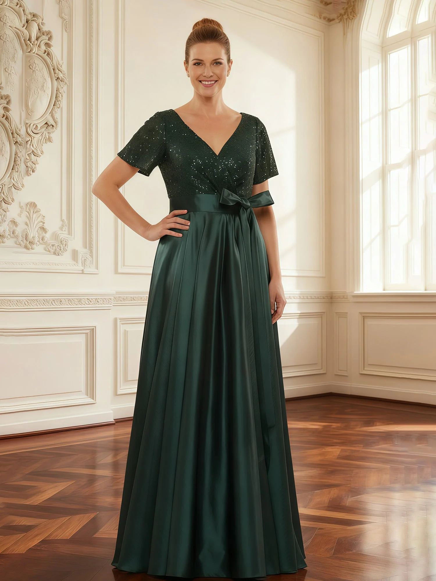 Sequined Bodice A-Line Gown with Pleated Skirt Tahiti