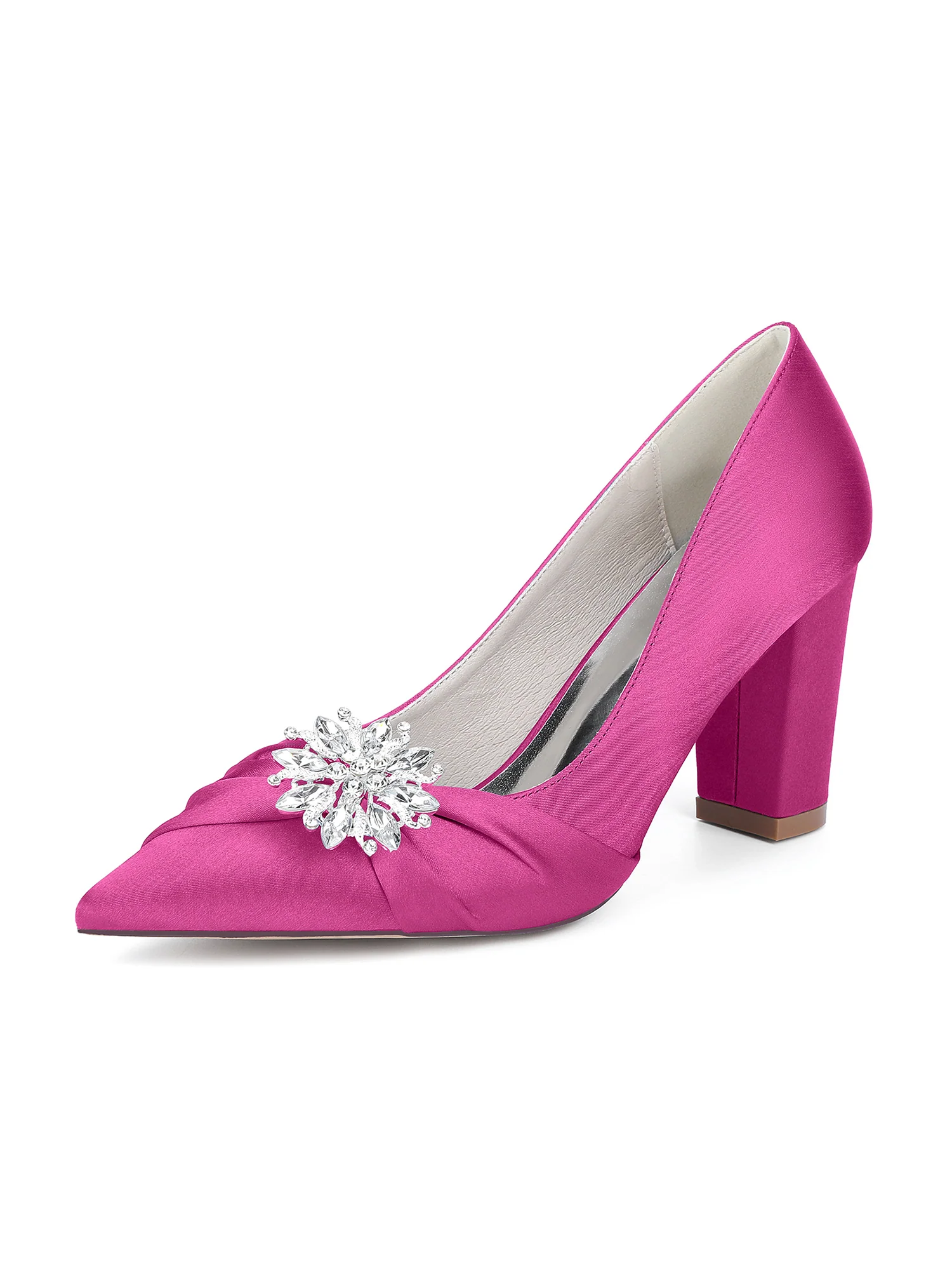 Retro Pointed Toe Faux Silk Crystal Block Heels - Image 11