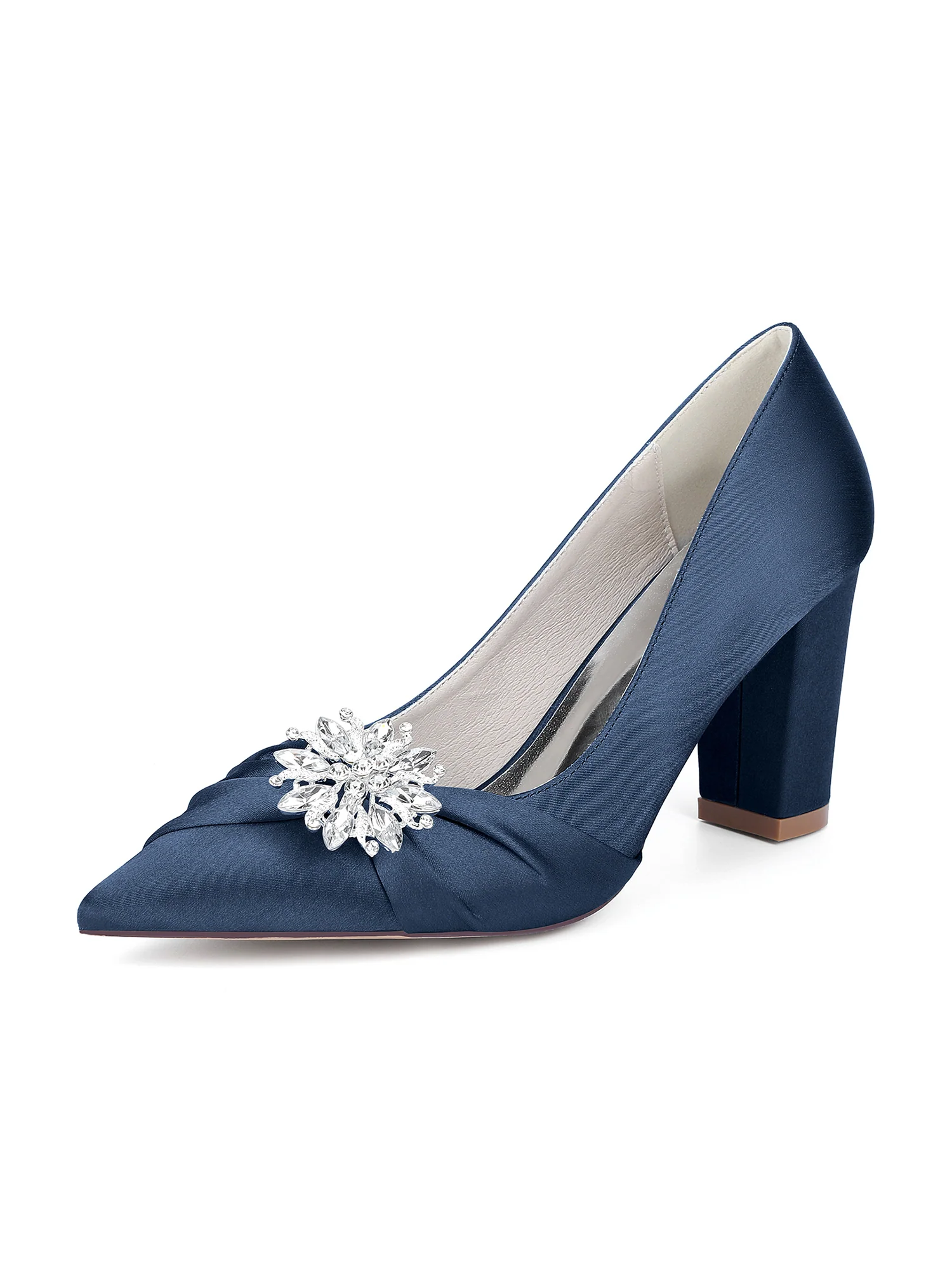 Retro Pointed Toe Faux Silk Crystal Block Heels - Image 12