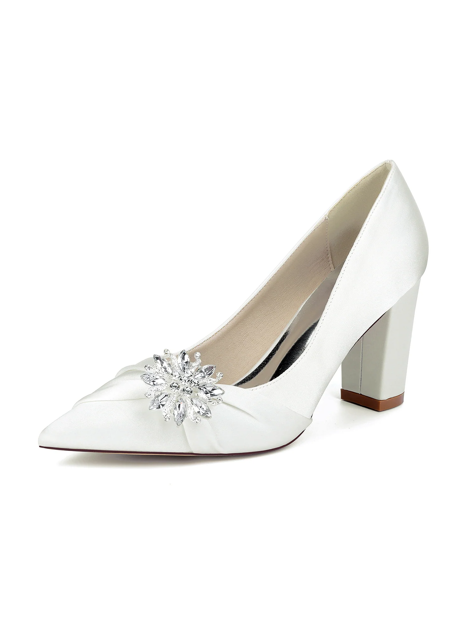 Retro Pointed Toe Faux Silk Crystal Block Heels - Image 14