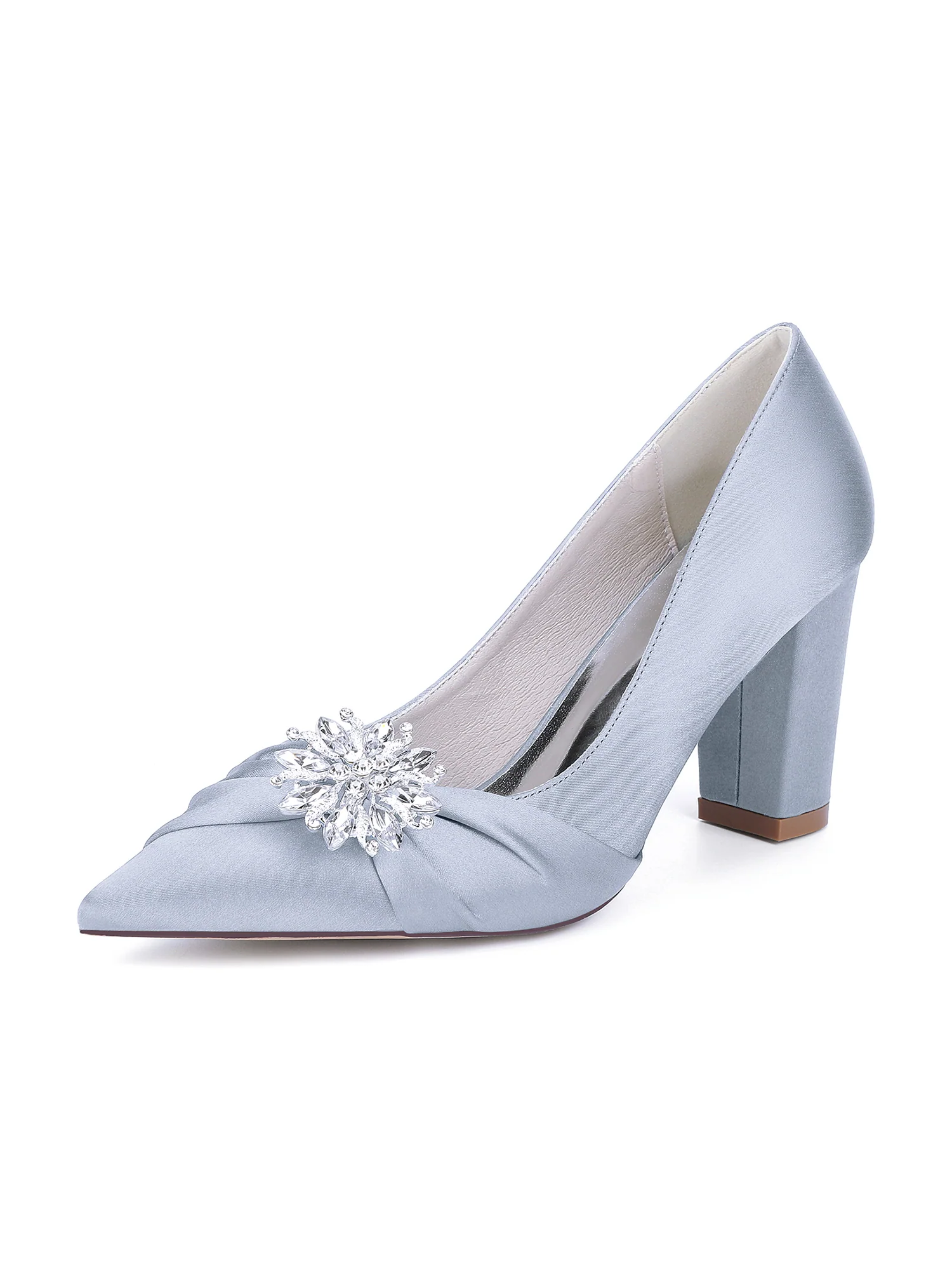 Retro Pointed Toe Faux Silk Crystal Block Heels - Image 15