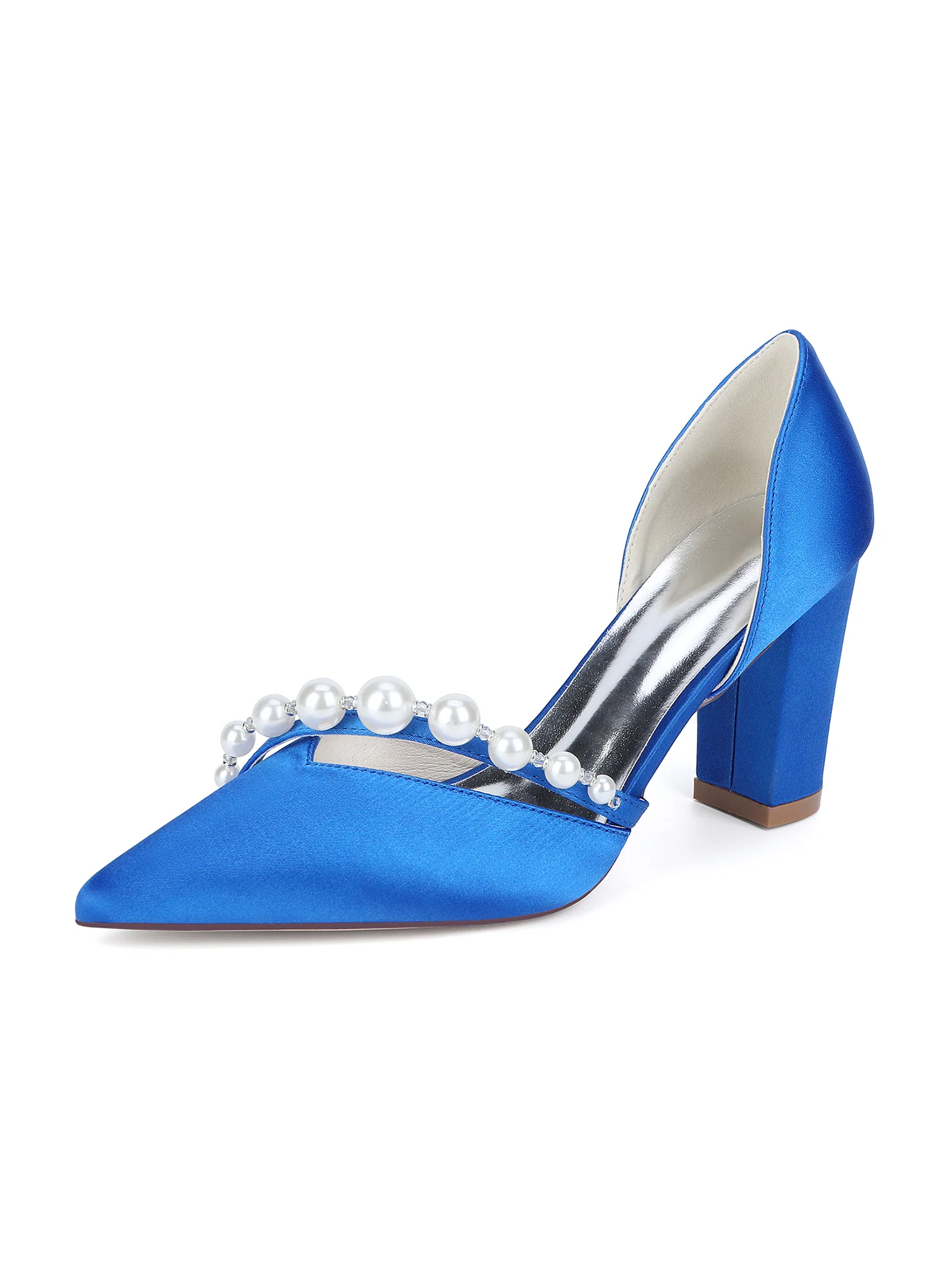 Retro Pointed Toe Faux Silk Pearl Block Heels