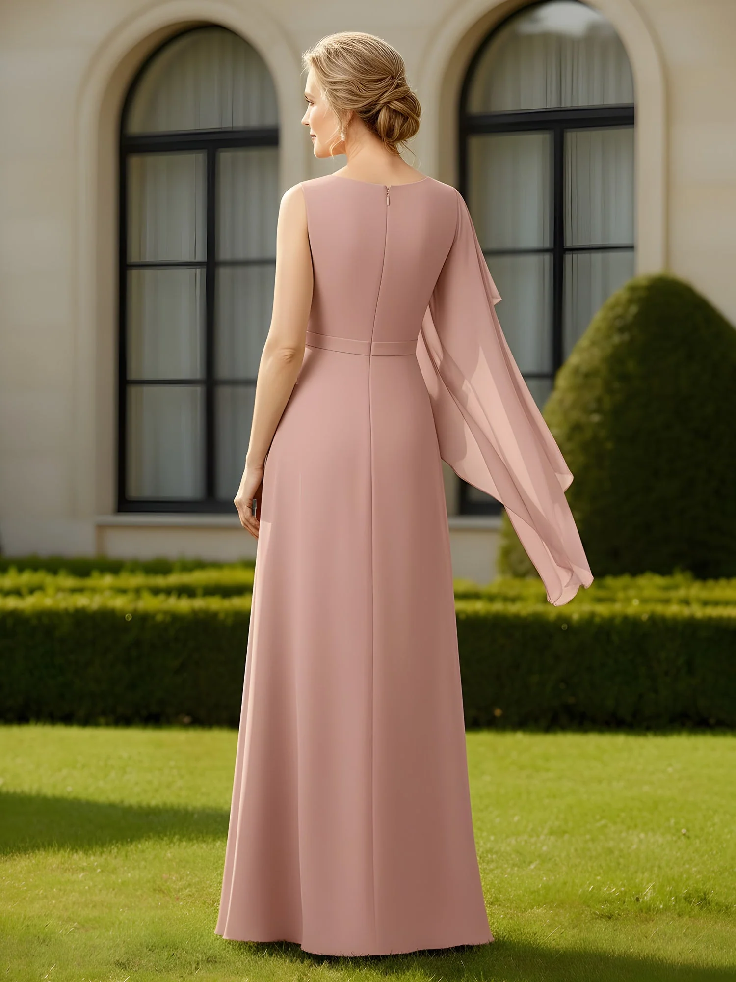 Chiffon One-Shoulder Drape A-Line Gown Black - Image 2