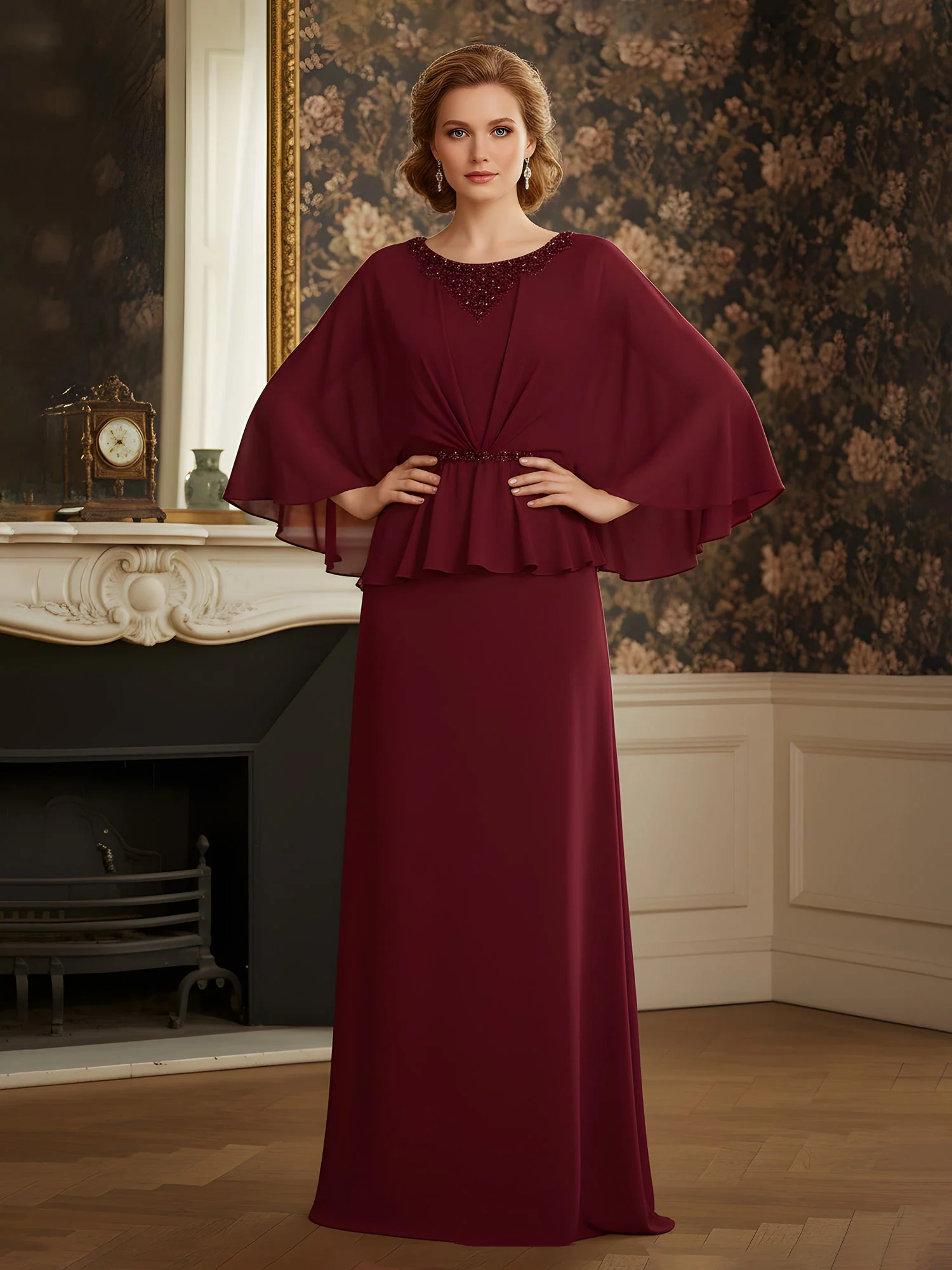 Rhinestone Scoop Neck Chiffon Floor-Length Dress Silver