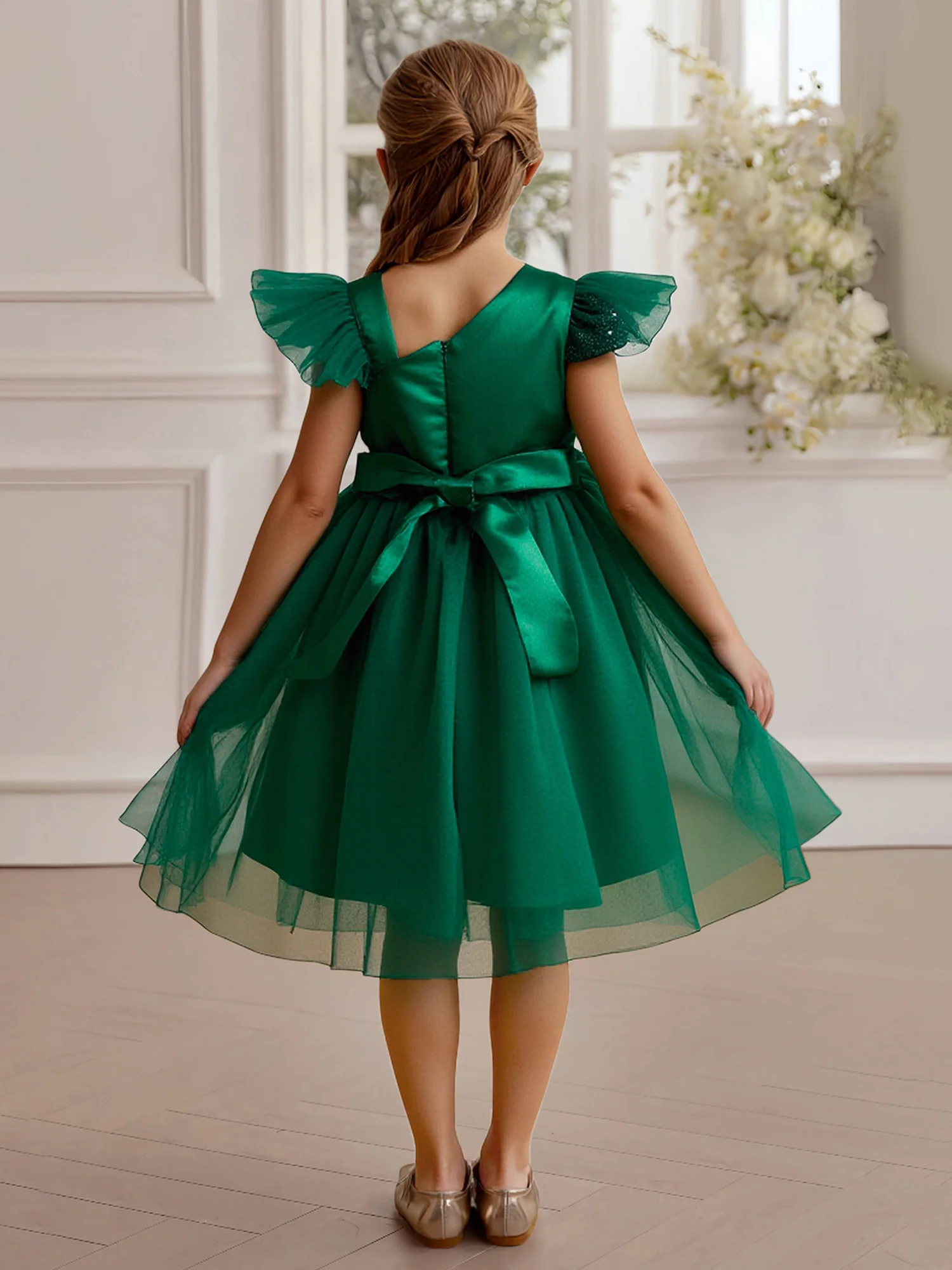 Ruffled Trim Sleeveless Bow Sash Party Flower Girl Dress Dark Green - Image 2