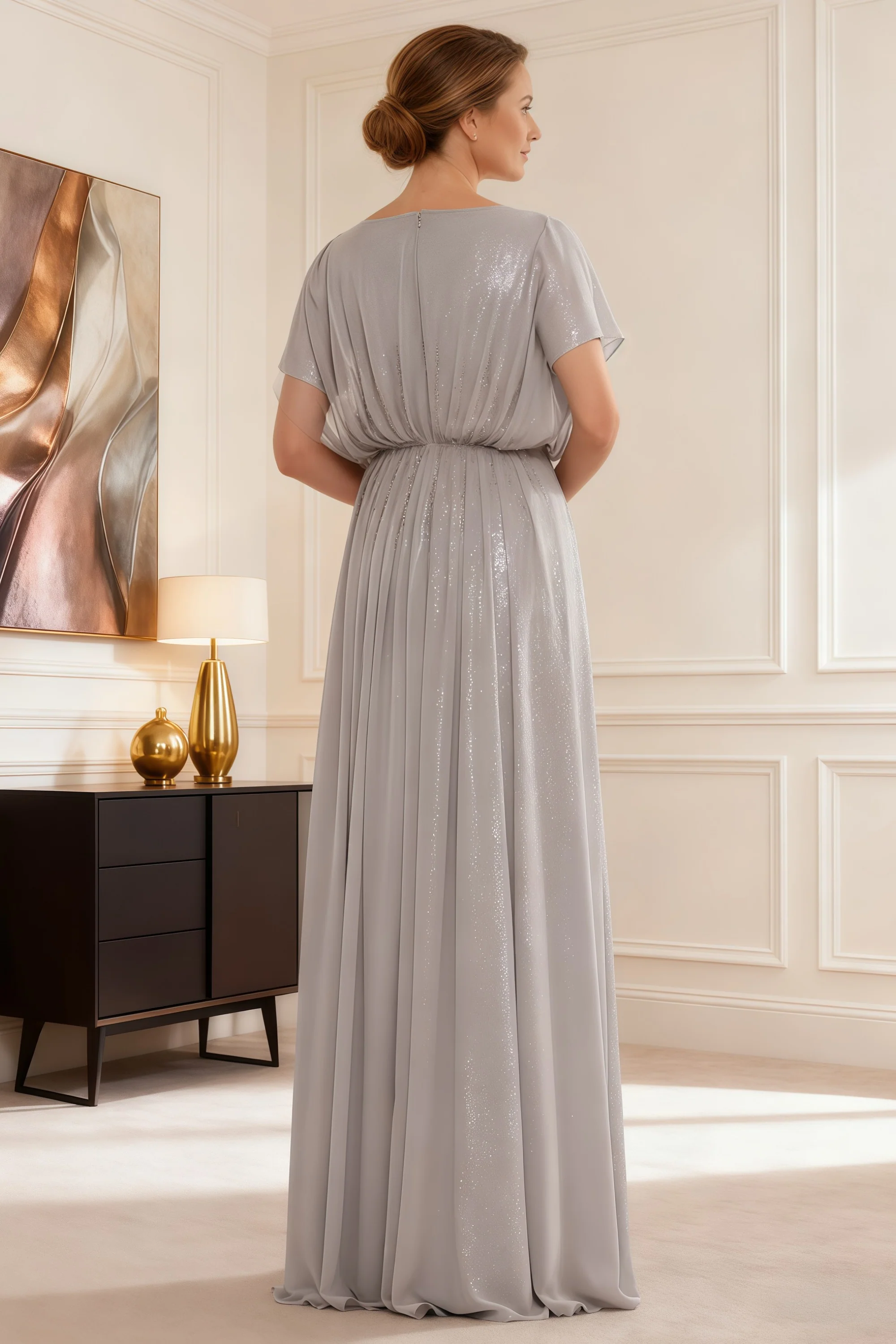 Elegant Evening Dress with Beaded Drape Overlay Silver - Image 2