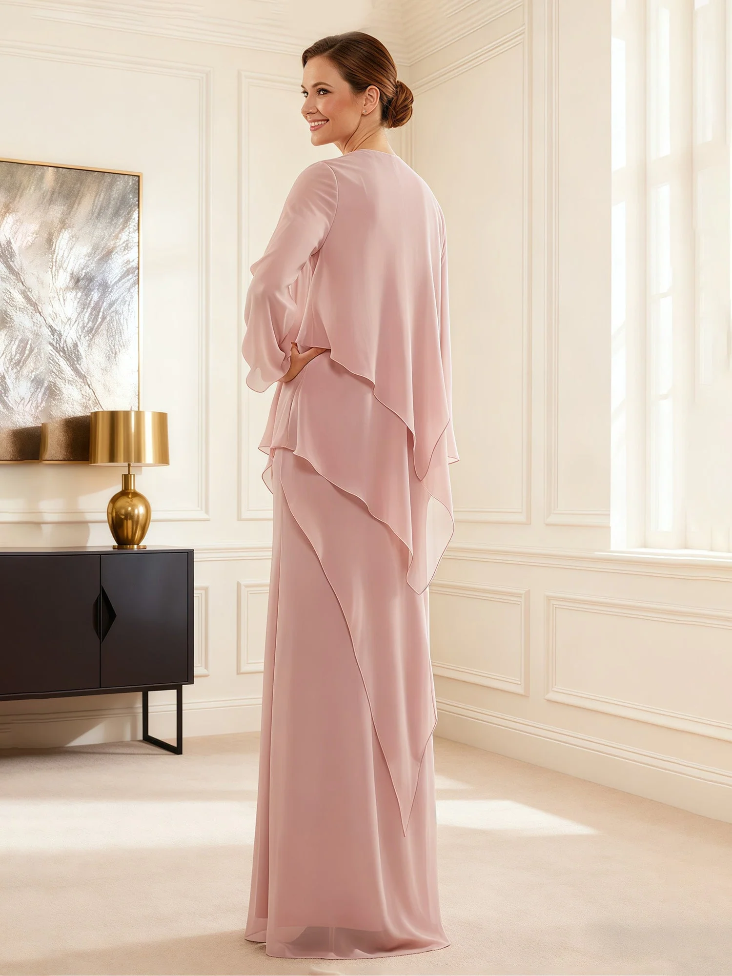 Chiffon Layered Gown with Cascade Jacket Burgundy - Image 2