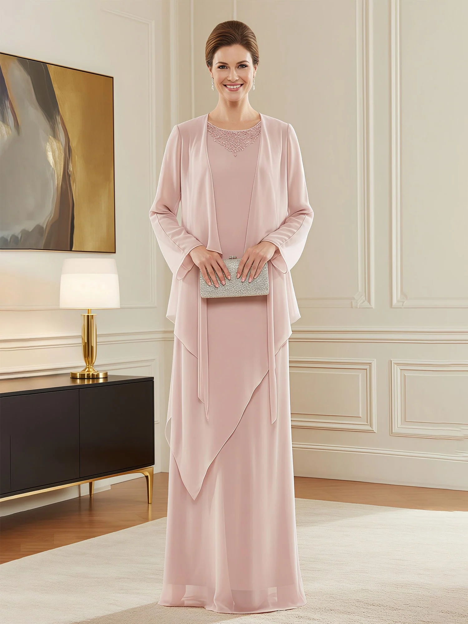 Chiffon Layered Gown with Cascade Jacket Sky Blue