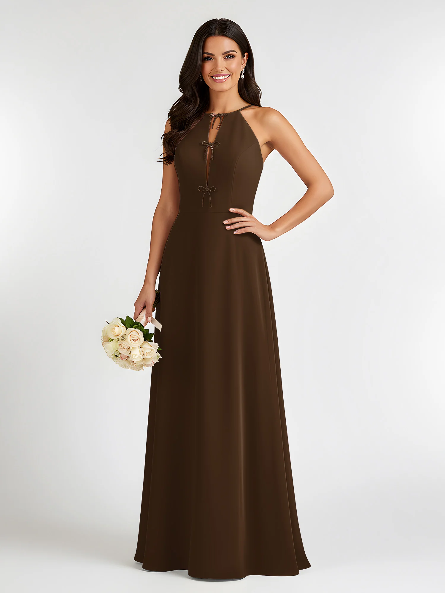 A-Line Chiffon Sleeveless Bow Halter Neck Dresses Brown