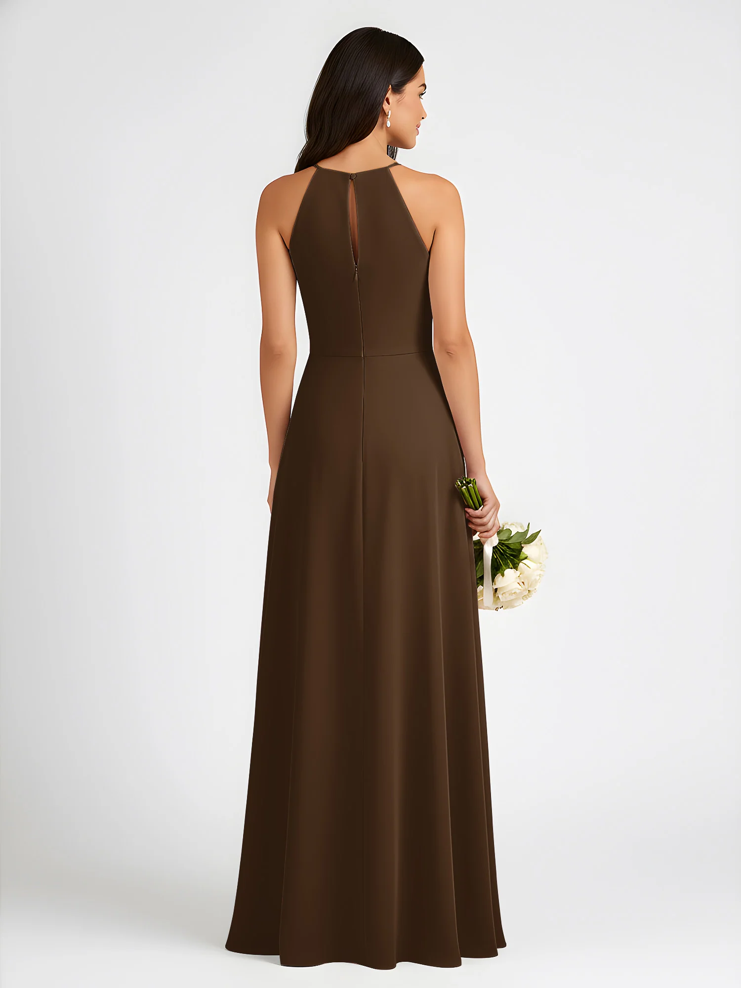 A-Line Chiffon Sleeveless Bow Halter Neck Dresses Brown - Image 2
