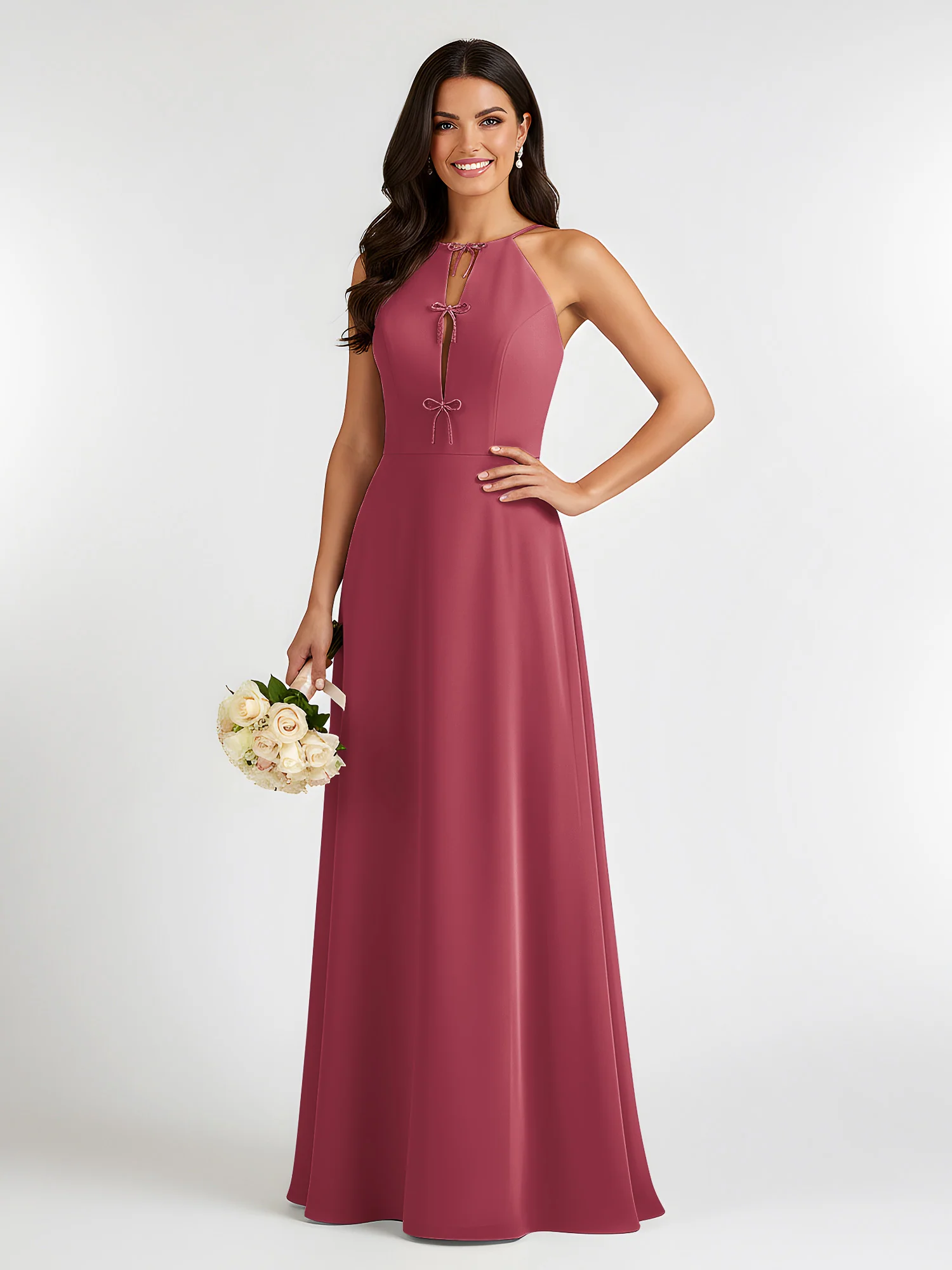 A-Line Chiffon Sleeveless Bow Halter Neck Dresses Cinnamon Rose