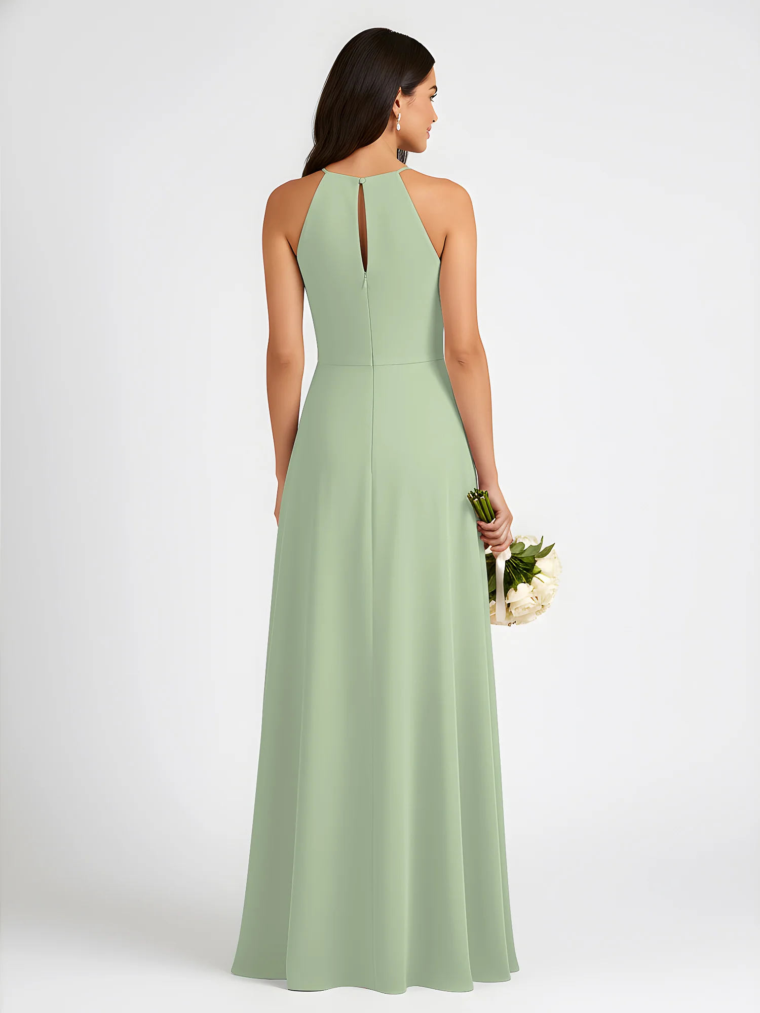 A-Line Chiffon Sleeveless Bow Halter Neck Dresses Dusty Sage - Image 2