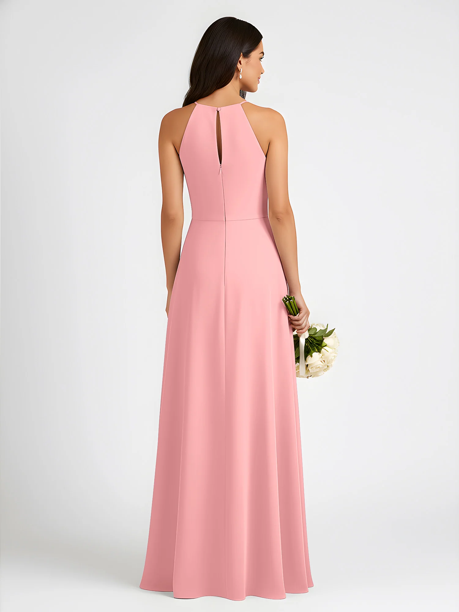 A-Line Chiffon Sleeveless Bow Halter Neck Dresses Flamingo - Image 2