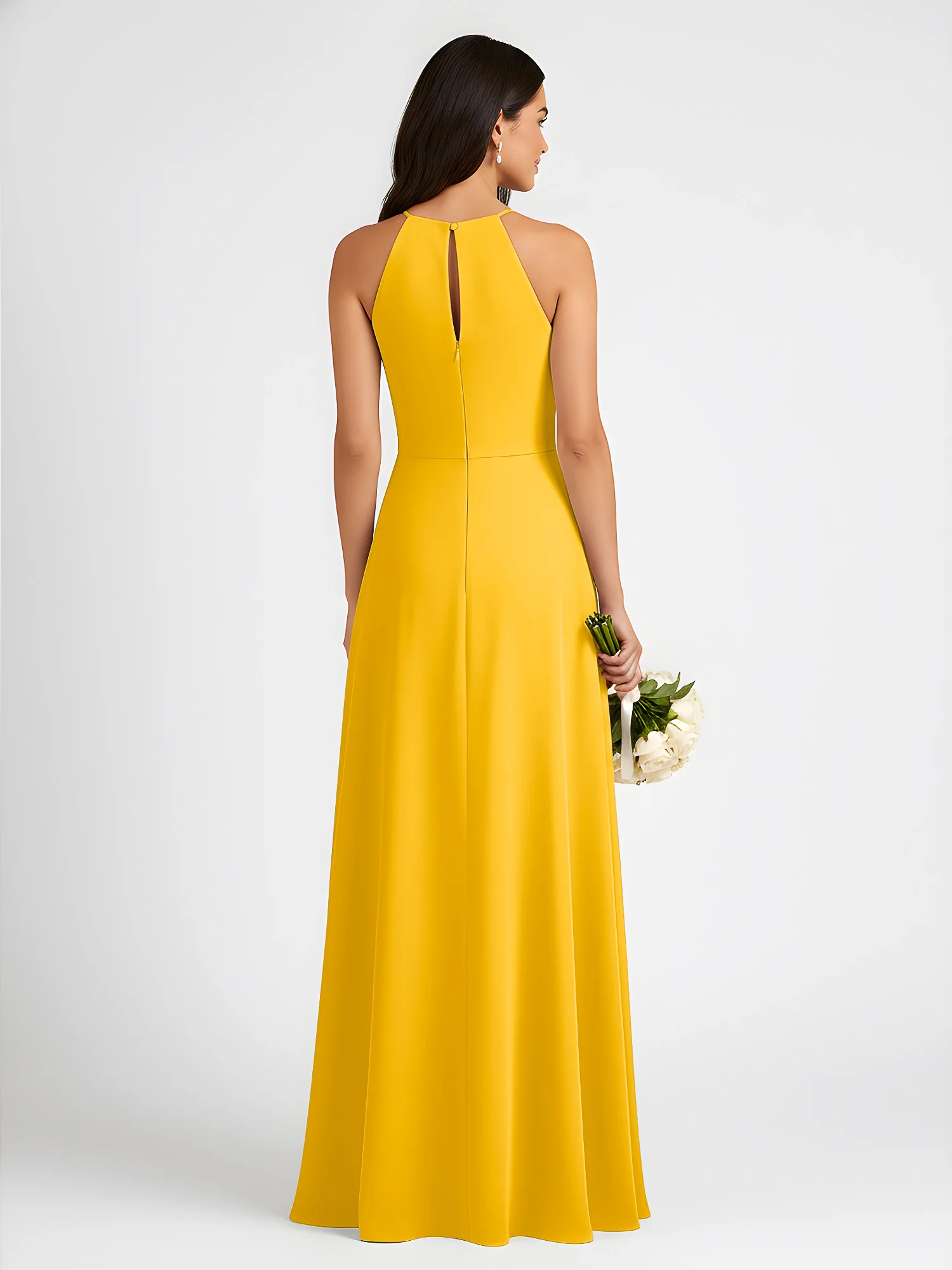 A-Line Chiffon Sleeveless Bow Halter Neck Dresses Marigold - Image 2