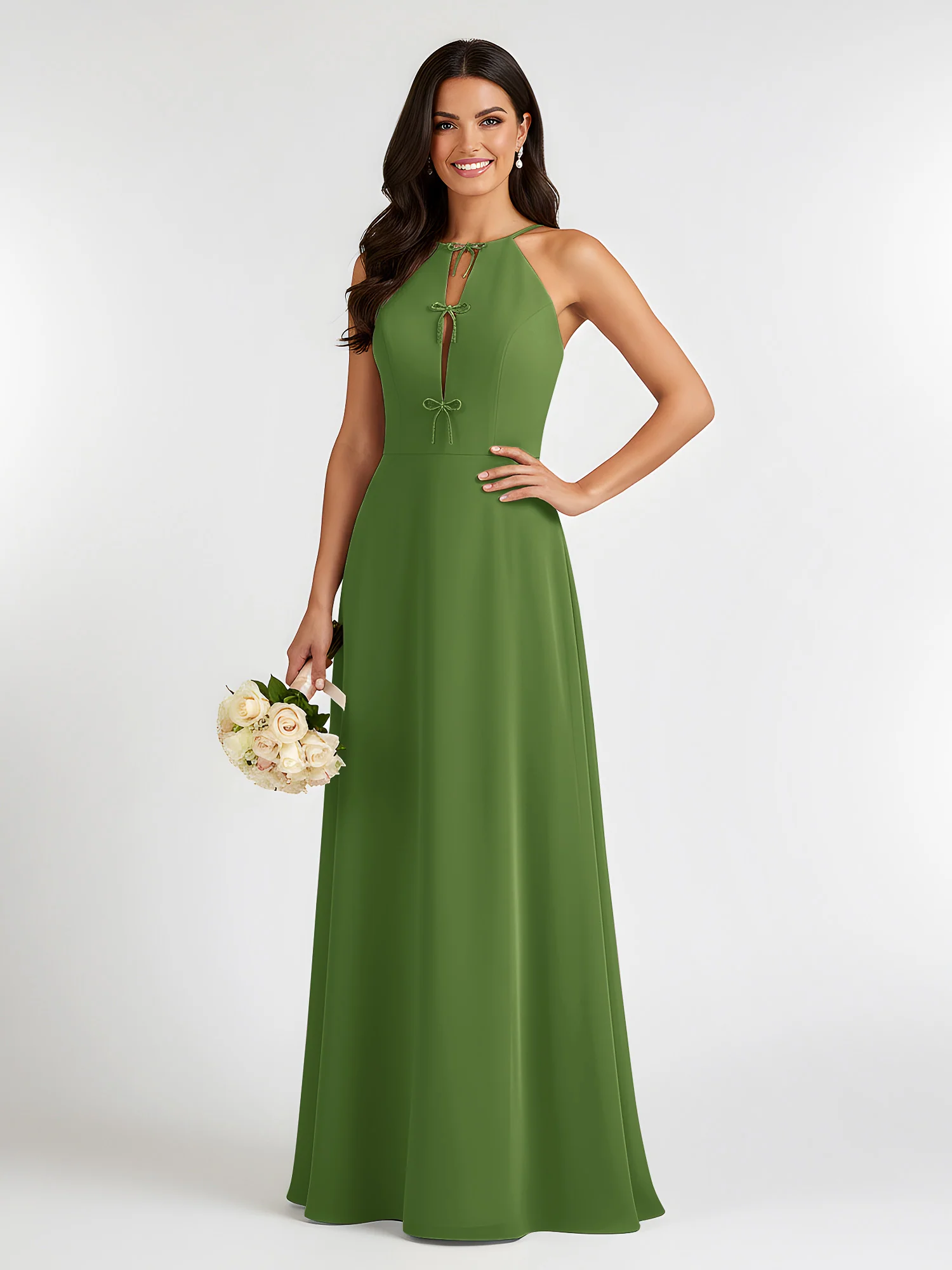 A-Line Chiffon Sleeveless Bow Halter Neck Dresses Moss
