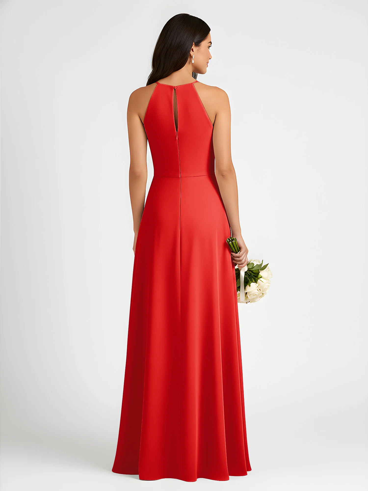 A-Line Chiffon Sleeveless Bow Halter Neck Dresses Red - Image 2