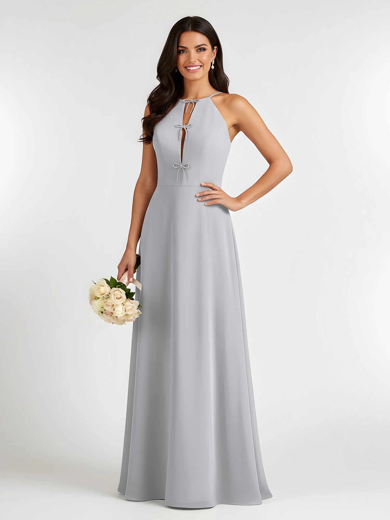 A-Line Chiffon Sleeveless Bow Halter Neck Dresses Silver