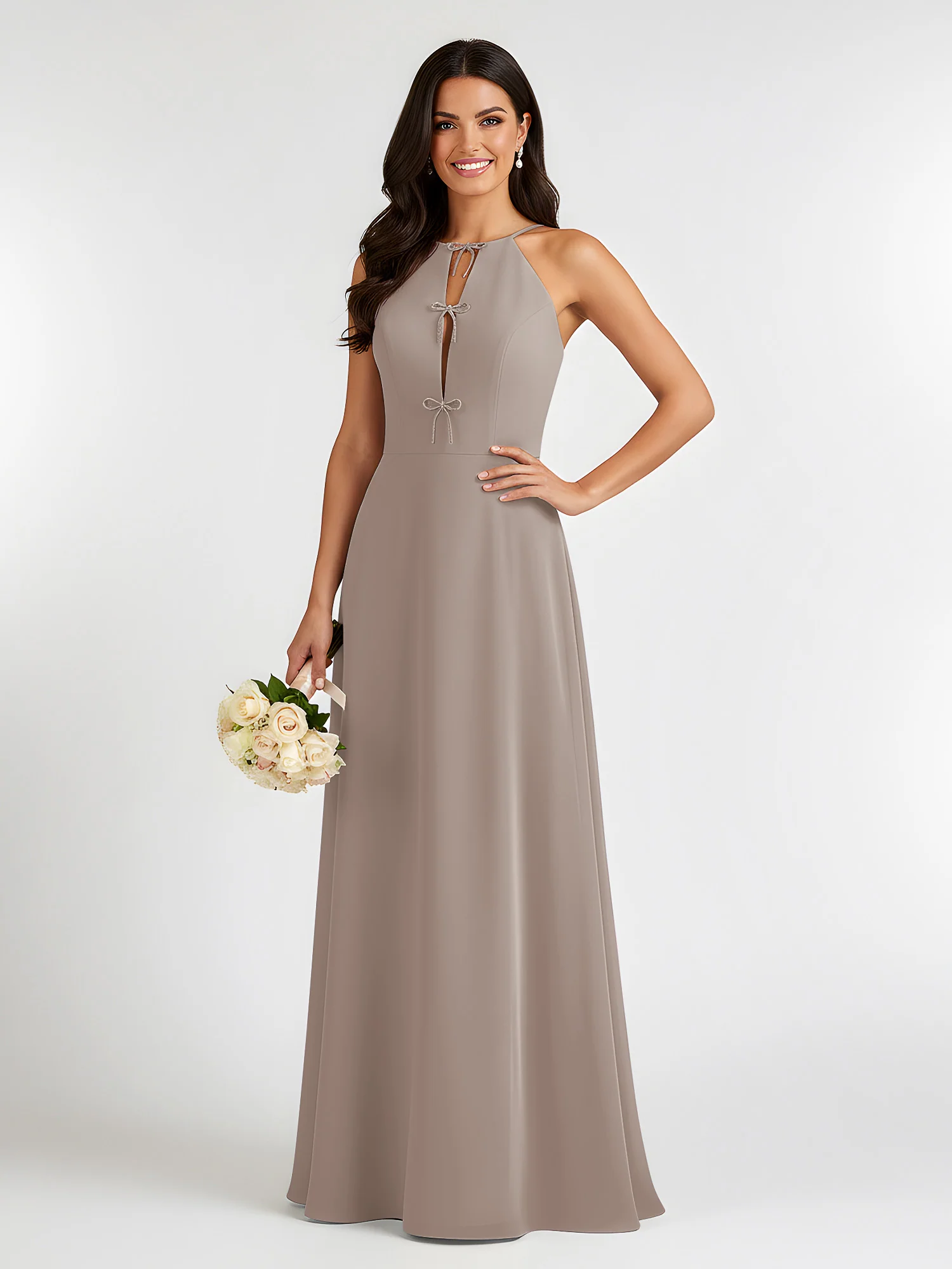 A-Line Chiffon Sleeveless Bow Halter Neck Dresses Taupe