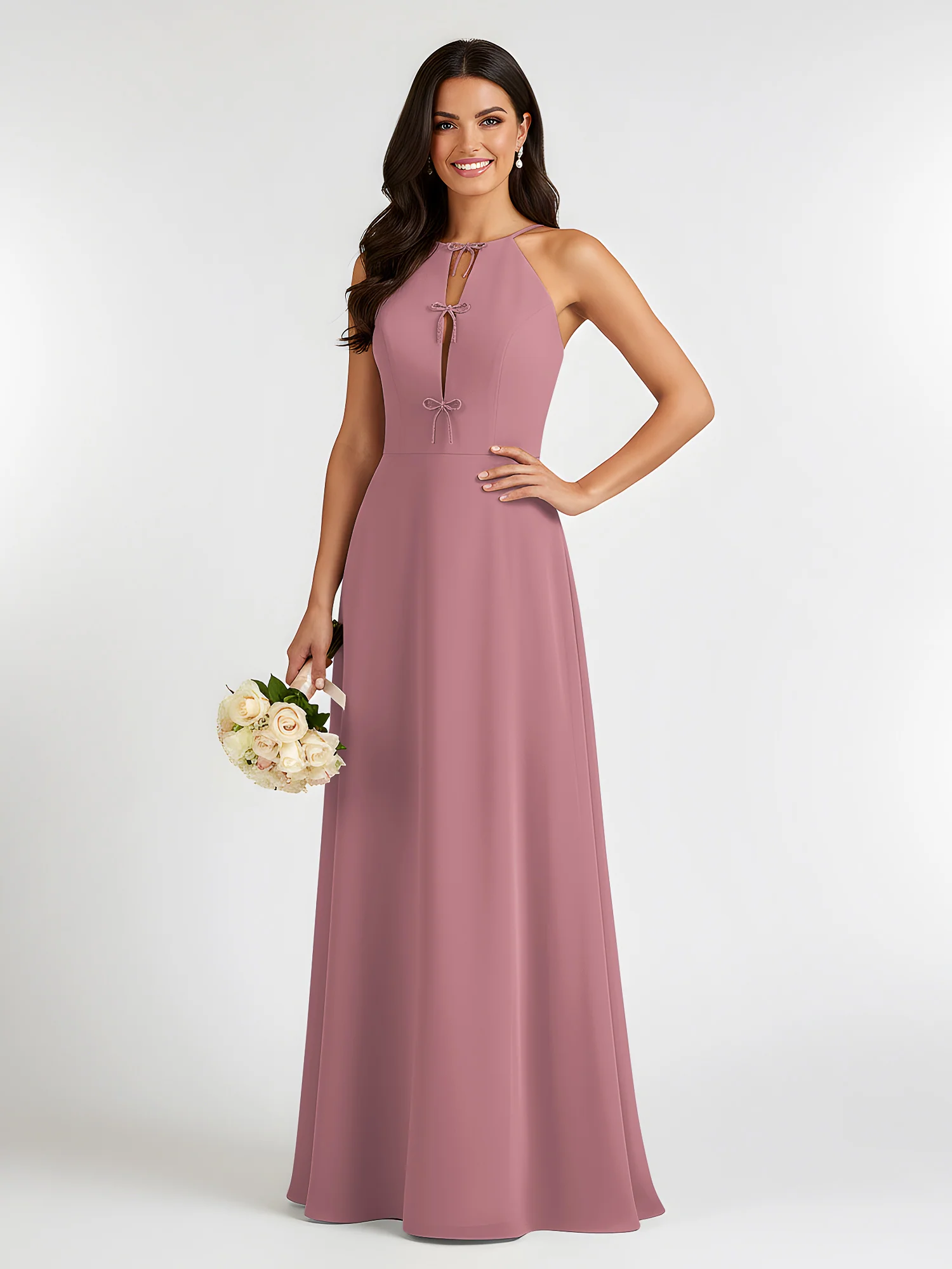 A-Line Chiffon Sleeveless Bow Halter Neck Dresses Vintage Mauve