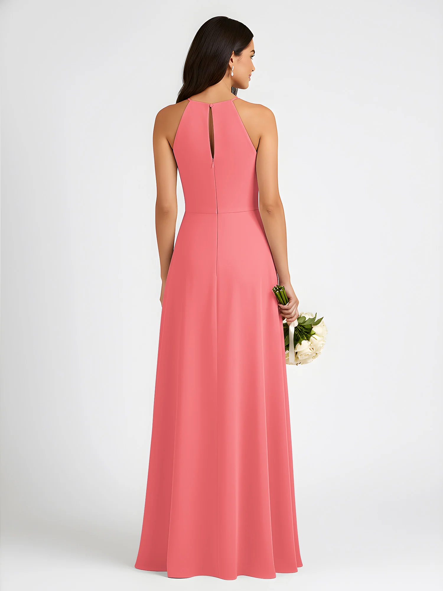 A-Line Chiffon Sleeveless Bow Halter Neck Dresses Watermelon - Image 2