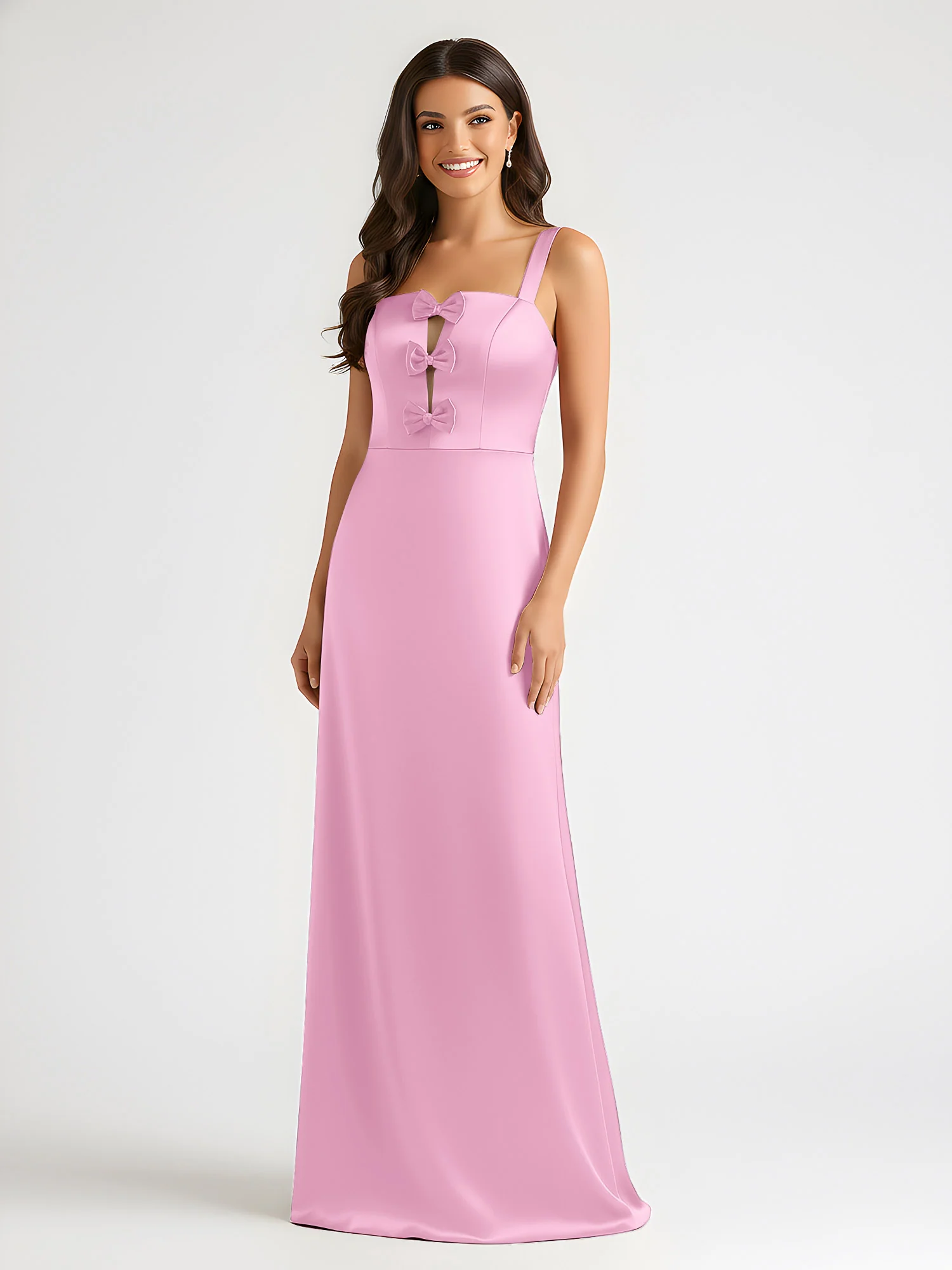 Square Neck Floor Length Open Back Bow Dresses Candy Pink