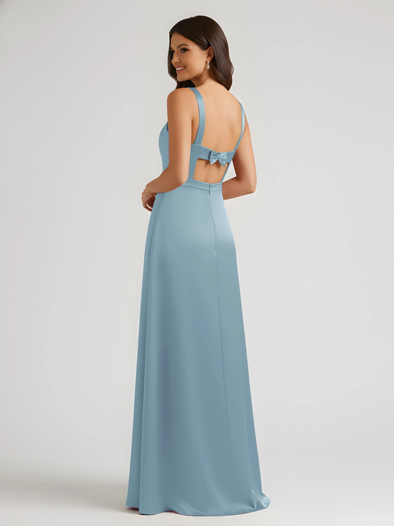 Square Neck Floor Length Open Back Bow Dresses Dusty Blue - Image 2
