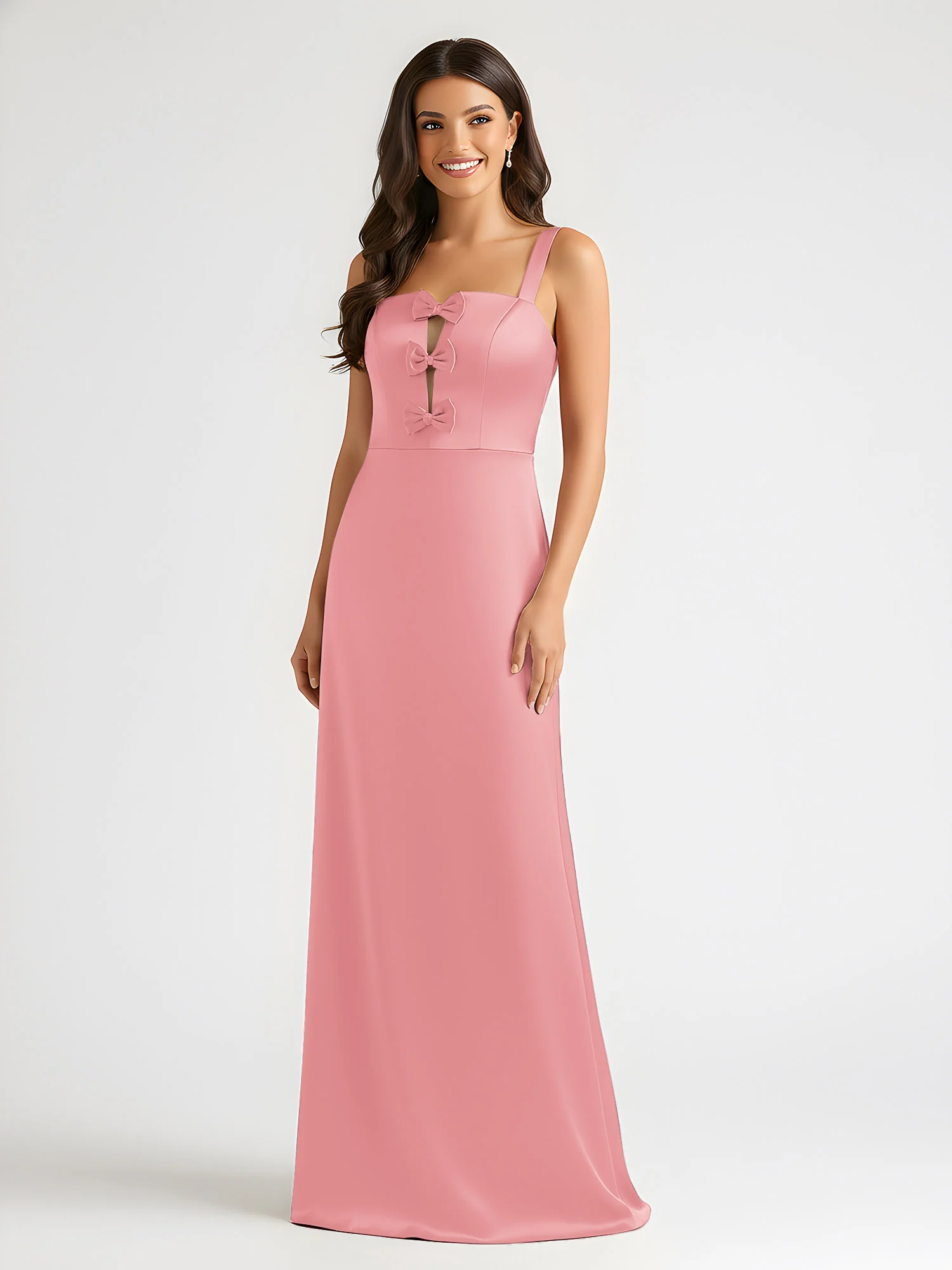 Square Neck Floor Length Open Back Bow Dresses Flamingo