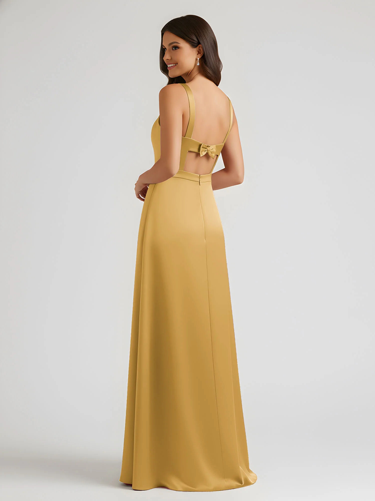 Square Neck Floor Length Open Back Bow Dresses Gold - Image 2