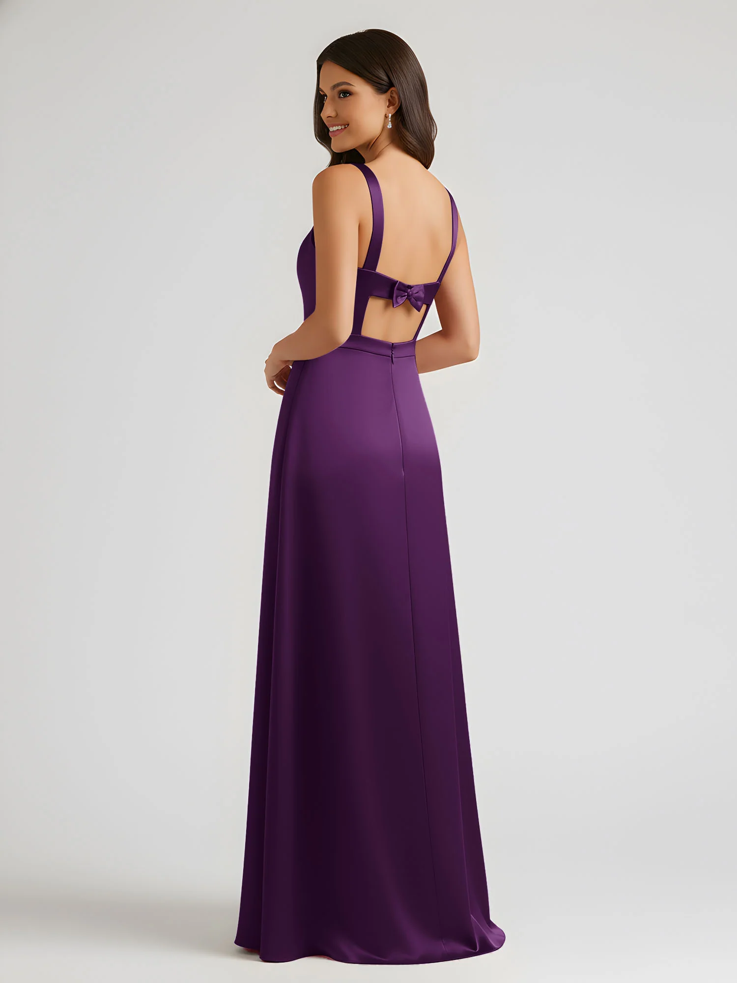 Square Neck Floor Length Open Back Bow Dresses Grape - Image 2