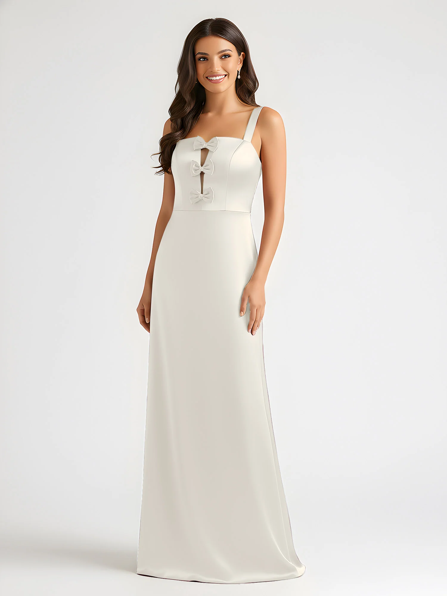 Square Neck Floor Length Open Back Bow Dresses Ivory