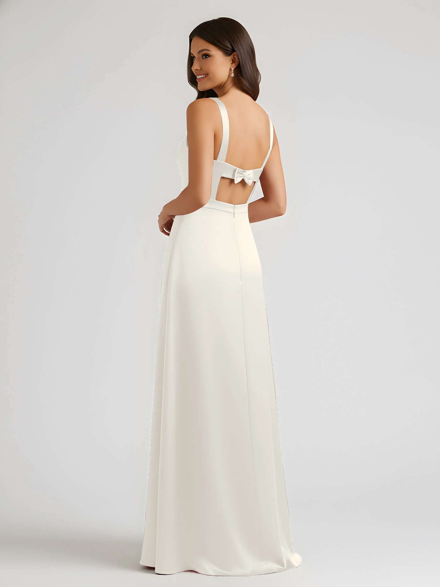 Square Neck Floor Length Open Back Bow Dresses Ivory - Image 2