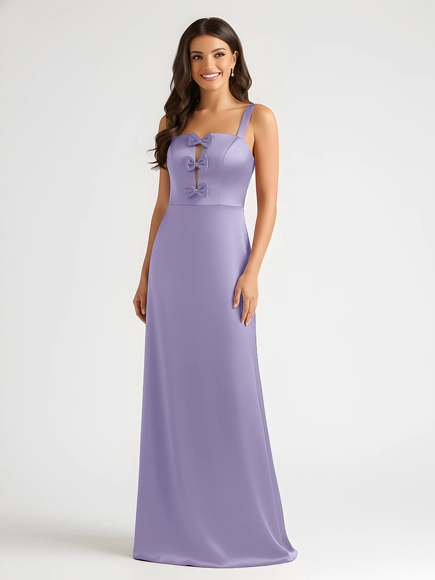 Square Neck Floor Length Open Back Bow Dresses Lavender