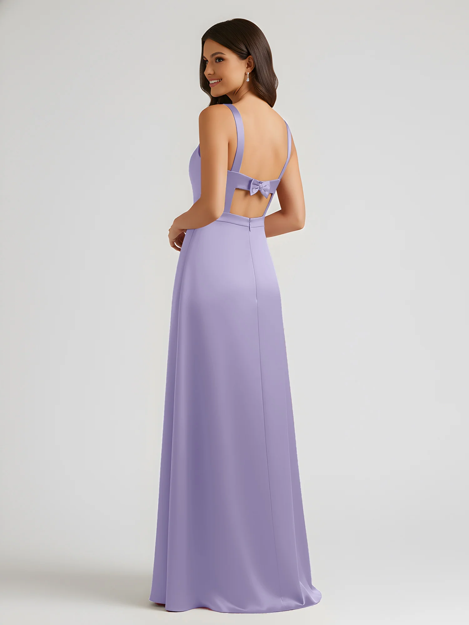 Square Neck Floor Length Open Back Bow Dresses Lavender - Image 2